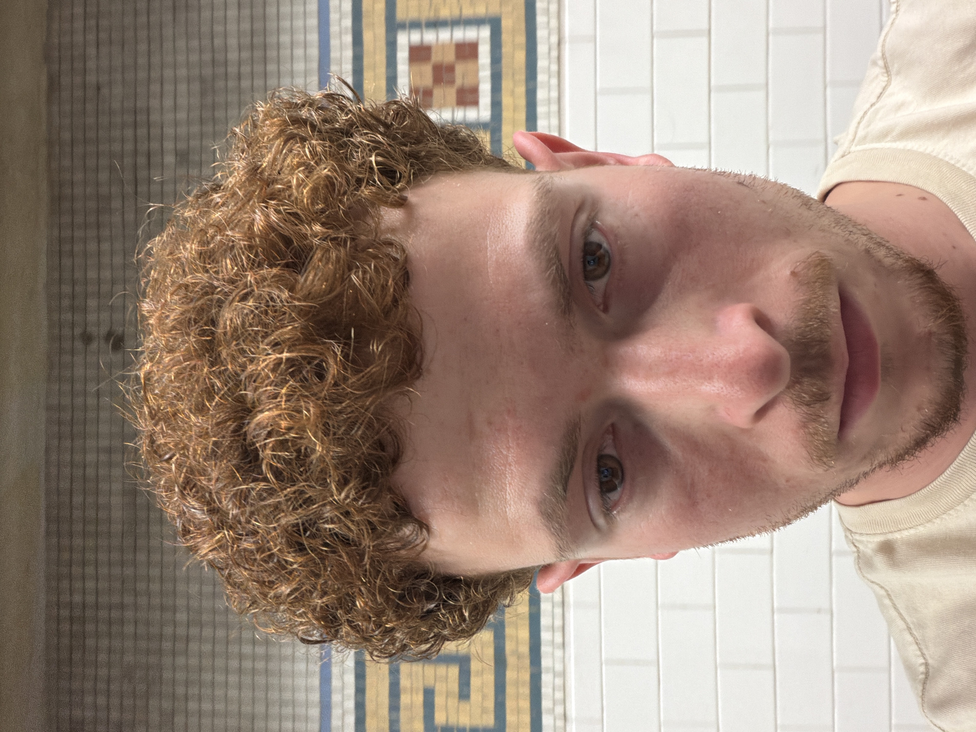 A medium shot shows a man's face with brown curly hair, light skin, and a trimmed beard, positioned above a tiled wall. The tiles feature a patterned section with yellow, blue, and brown geometric designs on the top and a white tile section at the bottom. The man is wearing a light-colored t-shirt. The location is indiscernible as being in New York City and can only be described by its interior tile pattern.