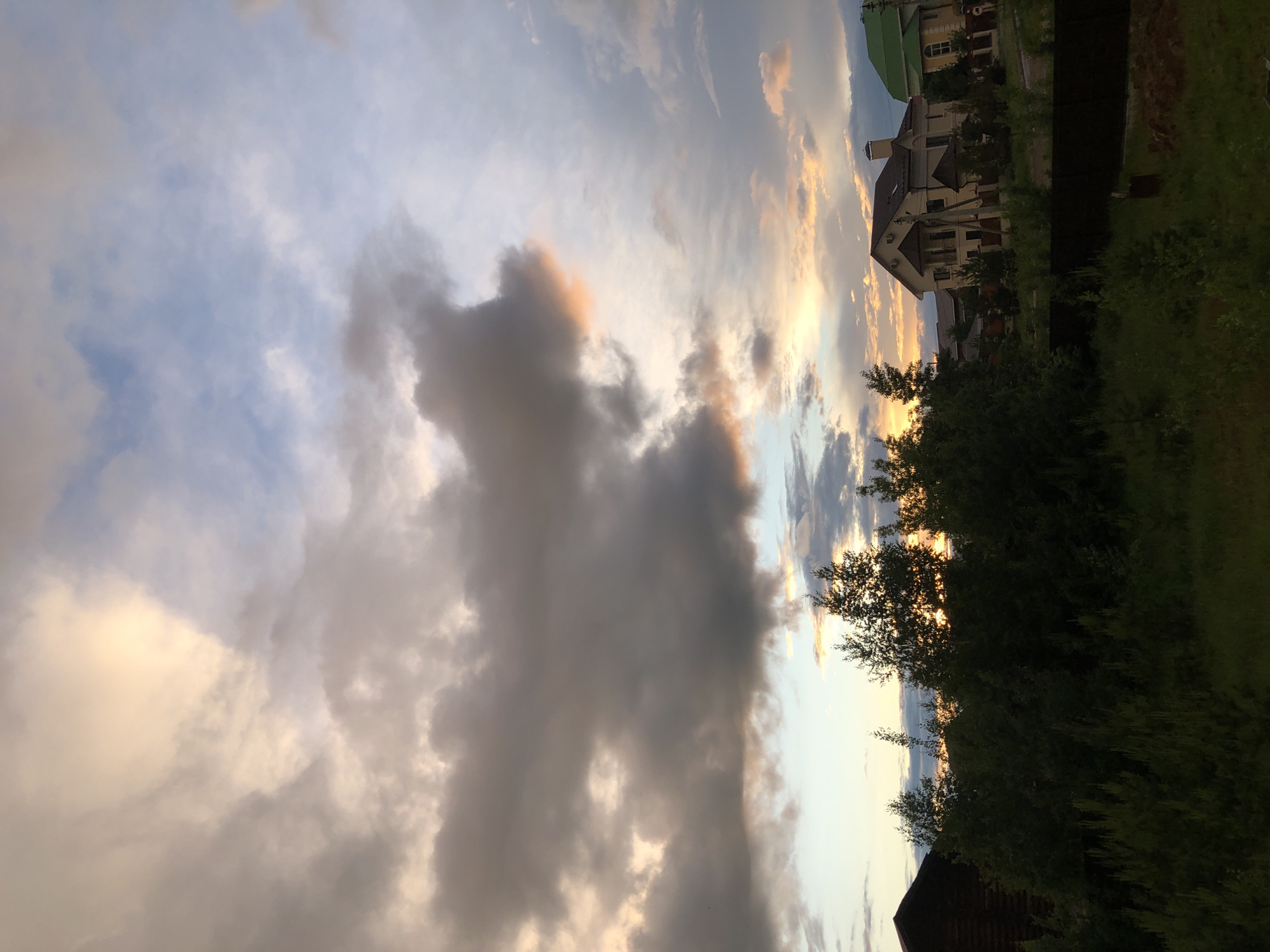 This landscape photograph, when viewed in its intended horizontal orientation, captures a residential scene in Noviy, Russia, under a dramatic sky at either sunrise or sunset.
The upper portion of the frame is dominated by a vast sky displaying a mix of light blue patches and numerous clouds. These clouds vary significantly in appearance, ranging from soft, wispy whites and pale grays to denser, darker gray formations that appear heavy and textured. A striking feature is the warm, golden light illuminating the edges and undersides of some clouds, particularly on the left side of the frame, hinting at the low angle of the sun. This interplay of cool blues, dark grays, and warm gold creates a dynamic and somewhat dramatic atmosphere.
In the mid-ground, towards the right side of the image, several residential buildings are visible. A prominent multi-story house with a light-colored facade, dark roof, and distinct architectural features like balconies and visible windows stands out. Behind it, a house with a green roof is partially obscured. A dark fence runs horizontally across the mid-ground, separating the houses from the foreground.
The lower and central parts of the image are filled with lush green vegetation, including numerous trees and bushes. Many of these appear as dark silhouettes against the bright sky, especially on the right, further emphasizing the low-angle light. Grassland is also visible in the lower right corner. No specific activity or people are visible, presenting a serene and contemplative scene of a residential area at dusk or dawn. There is no visible text in the image.