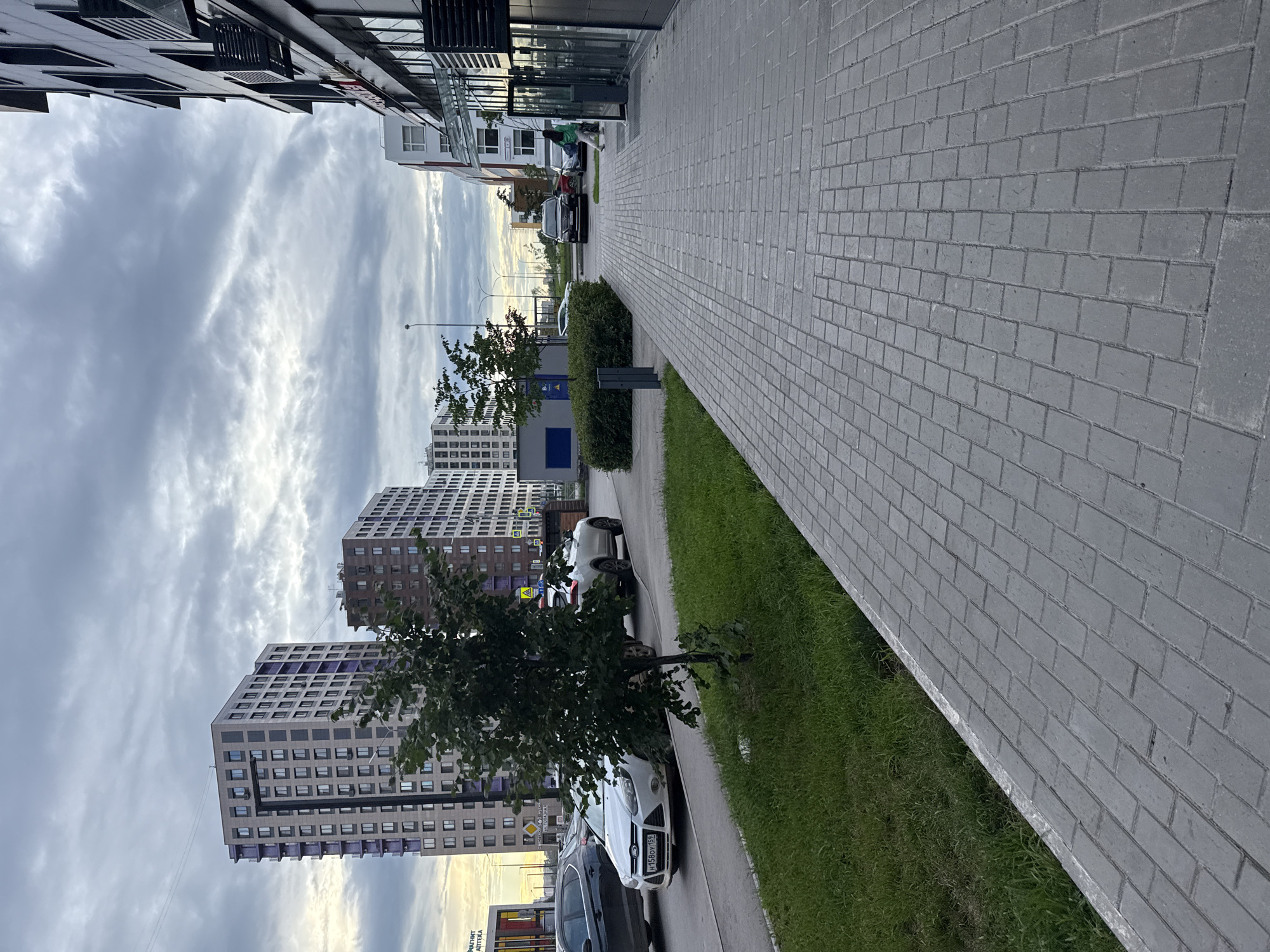This image shows a street scene in Perm, Russia, likely in a modern residential or mixed-use development. The foreground is dominated by a paved sidewalk made of gray rectangular bricks, bordered by a strip of green grass. To the left of the sidewalk, there is a road with several cars parked and driving. Among the cars are a white Ford Focus, a dark SUV, and a black sedan. A thin, leafy tree stands in the grassy area, casting a shadow.
In the background, several tall, modern buildings are visible. On the left, a prominent high-rise building with a dark facade and purple accents rises high into the cloudy sky. To its right, another similar building stands, slightly shorter and with a darker, reddish-brown facade. Further down the street, more apartment buildings and commercial structures can be seen. The sky is overcast with dramatic, heavy clouds. On the right side of the image, a modern building with a dark facade and large windows, possibly a commercial establishment, is present. A person wearing a green jacket and white pants is walking away from the viewer towards the entrance of this building. The overall impression is of an urban environment with new construction.