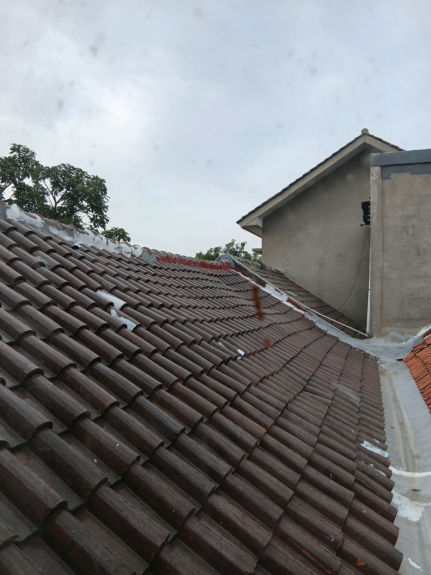 The image depicts a close-up view of overlapping brown clay roof tiles on a residential building. The perspective is from an elevated position, looking down and across the tiled roof. To the right of the tiled roof, a section of a lighter colored, angular building is visible, with a grey concrete wall and a sloped roofline. Behind this building, more roof tiles, this time a reddish-orange color, are partially visible along the edge. In the background, several leafy green trees are seen against an overcast, grey sky. There are no people or animals visible in the image. The overall impression is of an outdoor scene, likely a residential area in Cirebon, Indonesia, with a focus on architectural elements and the sky.