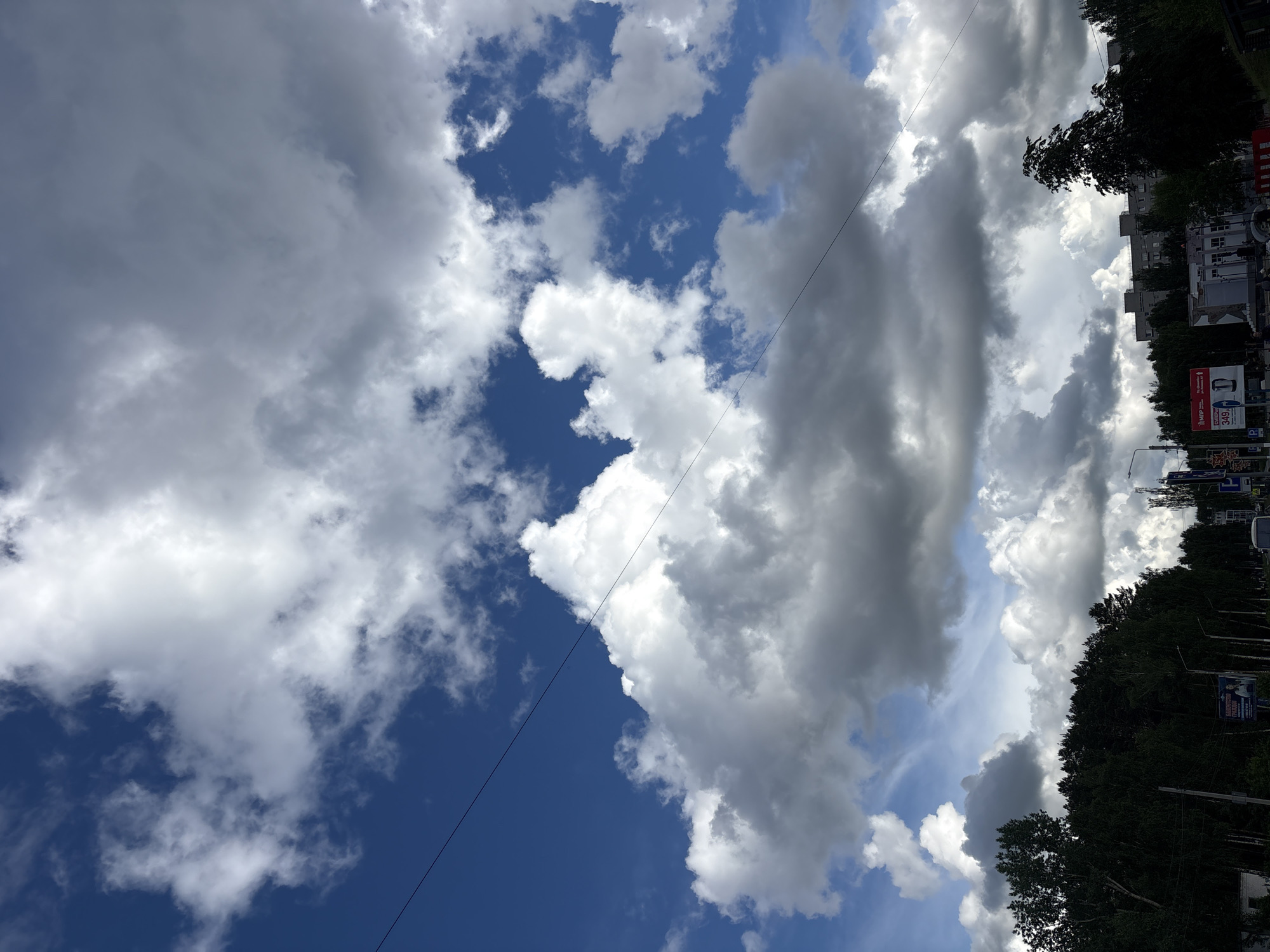 The image displays an outdoor urban scene dominated by a dynamic sky above a street in Chaikovsky, Russia, captured during daylight hours. The upper portion of the frame features a bright blue sky interspersed with fluffy white cumulus clouds. Towards the left and center, the clouds become larger and darker gray, indicating varying weather conditions. Sunlight illuminates the edges of many clouds, creating sharp highlights against their shaded bodies.
A thin, dark utility cable or power line stretches diagonally across the sky from the top left corner towards the center-right.
Along the bottom of the image, a dense line of dark green trees with full foliage marks the edge of what appears to be a street or park. Behind these trees, portions of multi-story buildings are visible, characteristic of urban apartment blocks or commercial structures. Streetlights and utility poles are also present among the trees.
Several signs and billboards are partially observable through and above the tree line. One prominent sign, featuring Cyrillic text, clearly displays "М.ВИДЕО" (M.VIDEO), a Russian electronics store, alongside numerical text that appears to be "349-" suggesting a price or offer. Another smaller sign below it has partial text. A small white vehicle, possibly a van, is partially obscured by trees on the far right.
No individuals or specific activities are depicted. The scene captures an everyday street view under a captivating, partly cloudy sky.