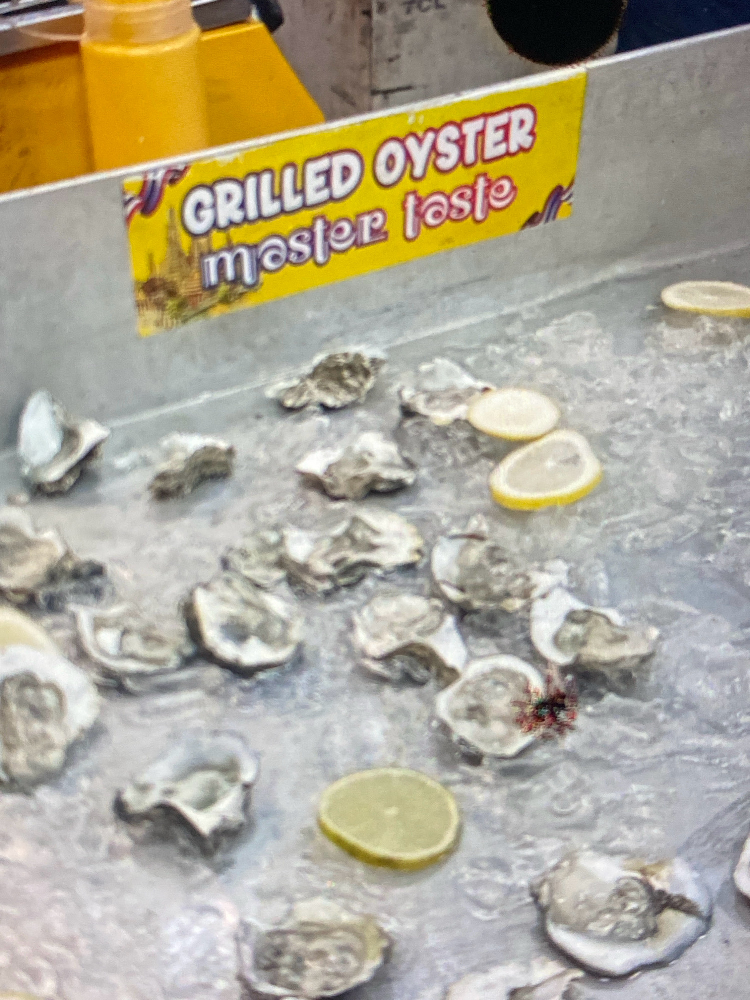The image displays a close-up view of a metal bin filled with ice and oysters, garnished with lemon slices. A yellow sign with red lettering reads "GRILLED OYSTER master taste" and features an image of a temple. The setting appears to be an outdoor food stall, likely in Probolinggo, Indonesia, given the context. The oysters are raw and presented as a seafood delicacy. The lighting is natural, and the overall atmosphere suggests a casual dining or market environment. There are no people visible in the frame, and the focus is solely on the food and its presentation.