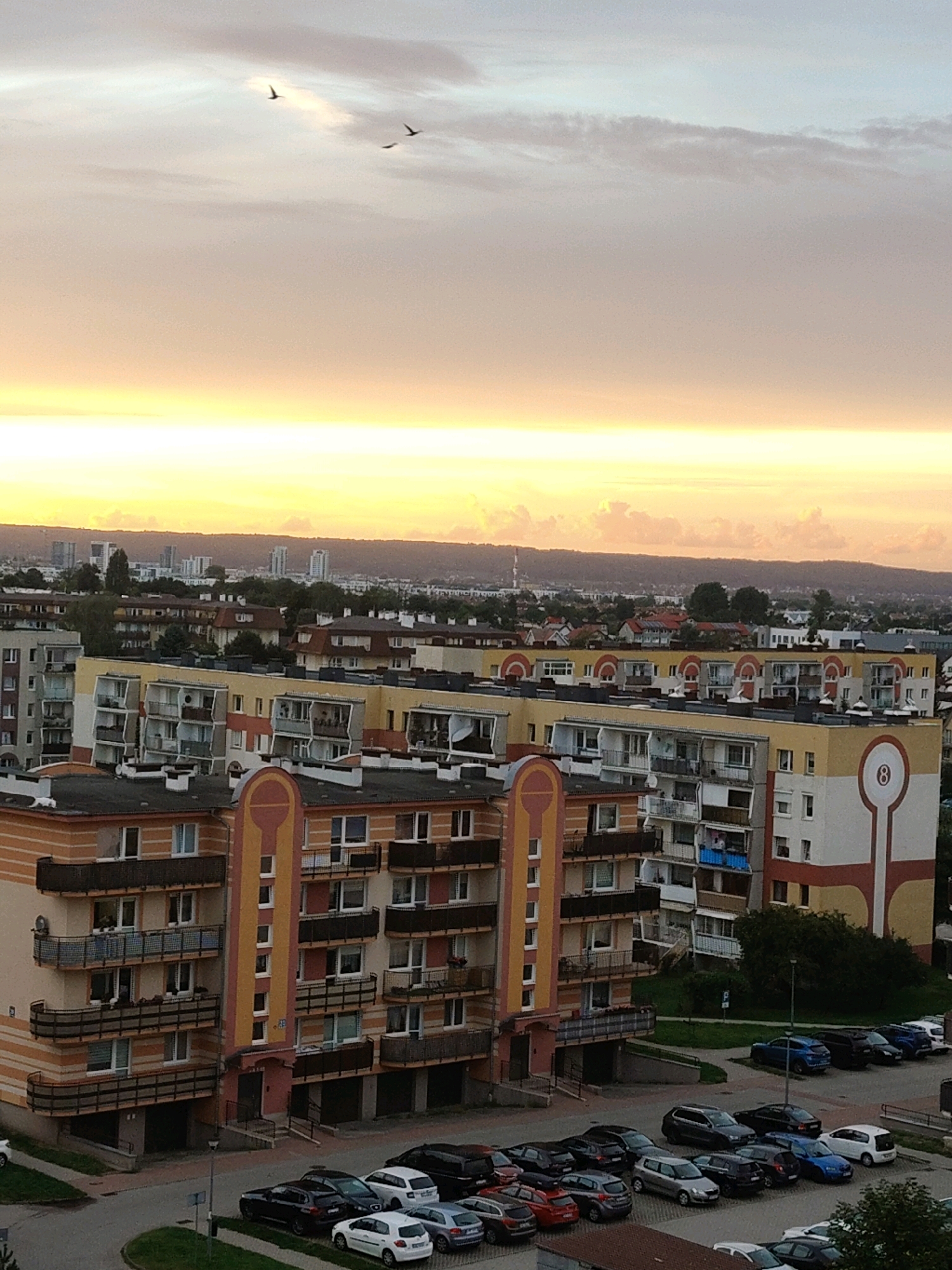 This is a vertical, eye-level, outdoor, medium-shot photograph taken from a high vantage point overlooking the city of Rumia, Poland, during what appears to be sunset. The sky is a gradient of pale orange and yellow, with diffused sunlight illuminating scattered clouds. Three birds are silhouetted against the sky, flying in formation. Below the sky, the urban landscape unfolds with a cluster of multi-story residential buildings. The buildings are characterized by their apartment balconies, numerous windows, and distinct architectural styles. Some buildings feature colorful facades with bands of orange and yellow, while others are a more muted gray and white. Parking lots are visible at the base of some buildings, filled with a variety of parked cars. In the distance, a further expanse of buildings and trees stretches towards the horizon, which is a dark, undulating line of hills or a distant cityscape. The overall impression is of a residential neighborhood at the close of day, with a serene sky overhead.