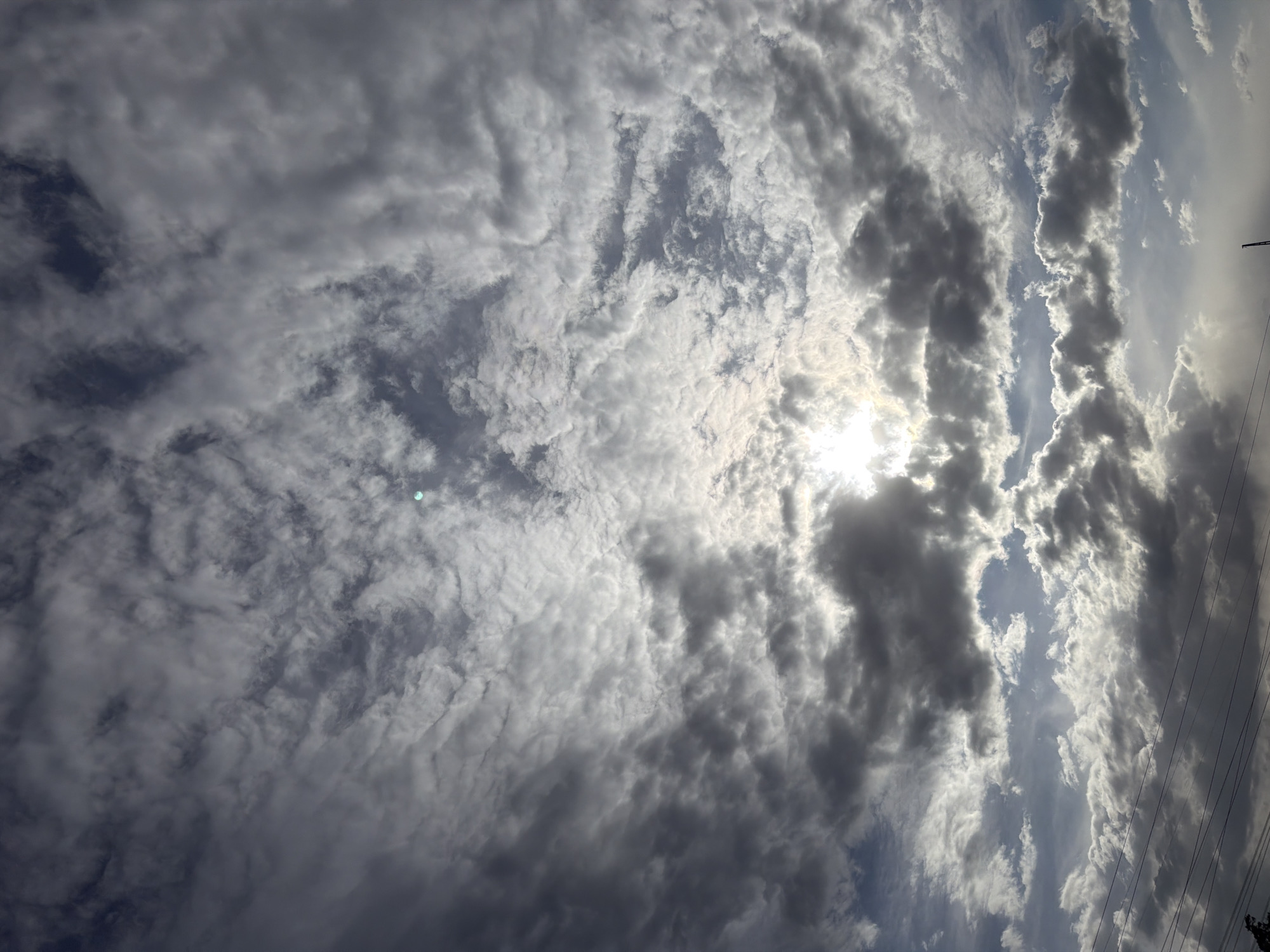 The image shows a cloudy sky in Chaikovsky, Russia. The sun is partially obscured by the clouds, creating a mix of light and shadows. The clouds are predominantly white and gray, with varying densities and formations. The environment suggests an outdoor setting during daylight hours.
