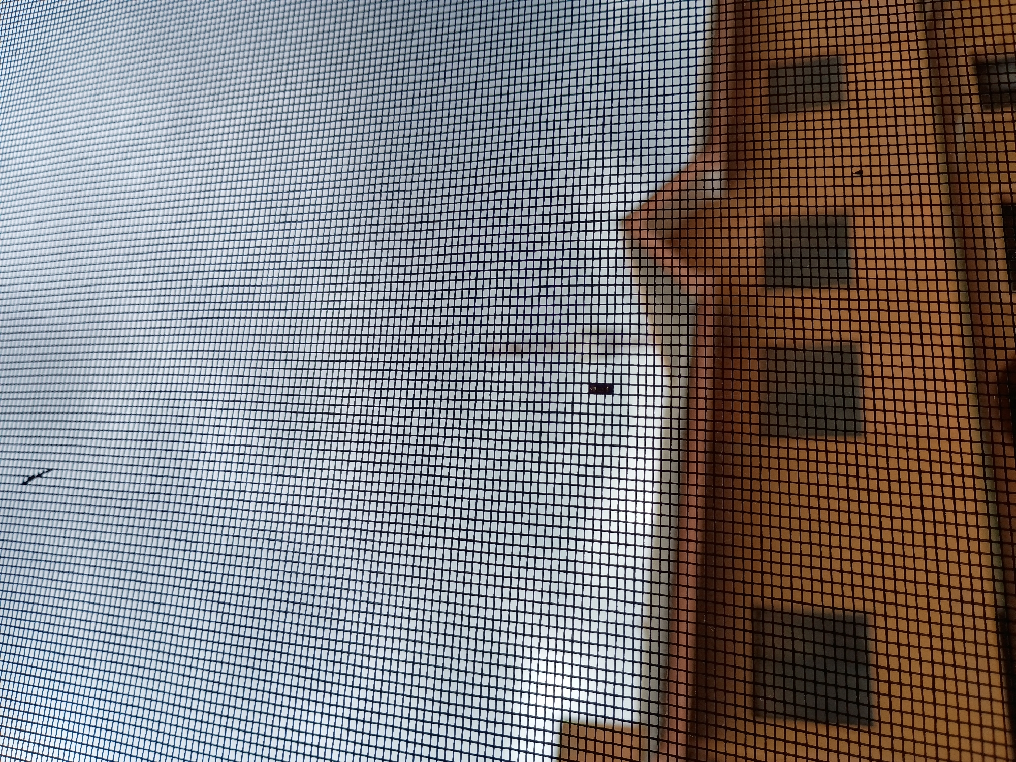This image shows a close-up view of a window screen with a blurred background of a building. The building appears to be made of reddish-brown material and has several dark rectangular shapes, possibly windows, visible through the screen. The sky behind the building is overcast and appears hazy. A small, dark object, possibly a dead insect, is visible adhered to the screen in the upper portion of the image. Another dark smudge is visible lower down on the screen. The perspective suggests the photo was taken from inside looking outwards. The location is identified as Aketu-Oja, Nigeria.