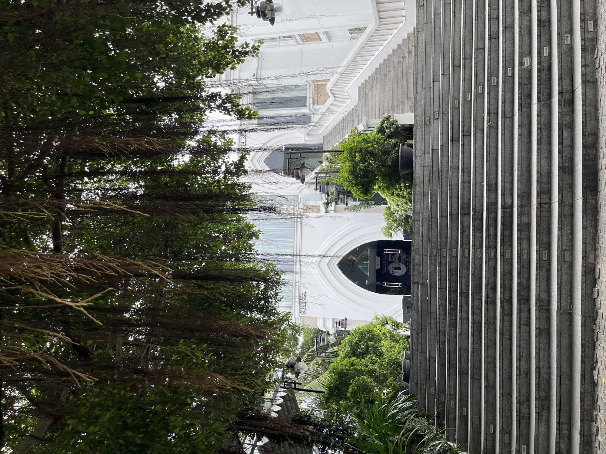 The image captures a wide, imposing staircase leading up to a white building with arched entrances. The staircase is constructed from grey stone and is illuminated by small, rectangular lights embedded in the risers of each step. Lush green foliage, including large trees with hanging aerial roots, drapes over the top of the frame, creating a natural canopy.
The building itself is white and features ornate architectural details, including arched windows and decorative elements along its facade. The main entrance is a large, arched doorway. Above the entrance, the word "SHIVA" is visible in raised letters. Various light fixtures are strategically placed along the side of the staircase and near the entrance. Green plants in large pots are situated at the base of the stairs and along the sides.
The scene appears to be a public space, possibly a hotel or a resort, given the grandeur of the architecture and the landscaping. The overall impression is one of serene elegance and natural beauty integrated with man-made structure.
This location is identified as the entrance to the Alba Wellness Valley in Phu Yen province, Vietnam, which is a sister property to the Alba Hotel in Hue. It is not located in Nha Trang.