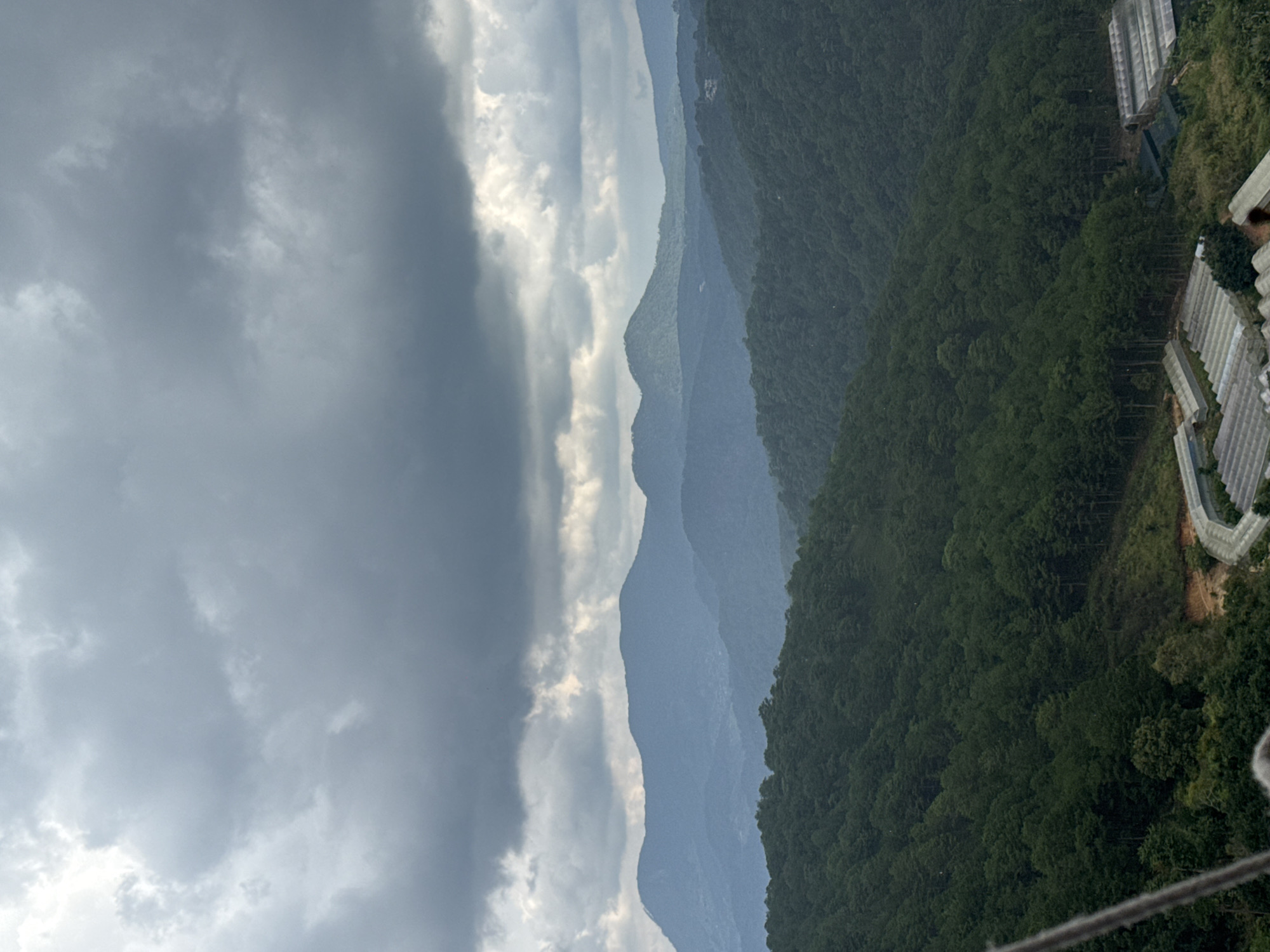 This image depicts a landscape view from a high vantage point in Xuân Thành, Vietnam. The scene is dominated by layered, densely forested mountains under a dramatic, overcast sky. The mountains recede into the distance, becoming progressively bluer and less distinct due to atmospheric perspective. In the foreground, the forest is a deep green, with a winding road and several agricultural greenhouses visible on the lower slopes. The greenhouses, with their translucent roofing, suggest a cultivation area. The sky is filled with heavy, dark clouds, indicating a potentially rainy or stormy day. There are no people or animals visible in the frame. The overall impression is one of a natural, undeveloped mountainous region with some agricultural infrastructure.