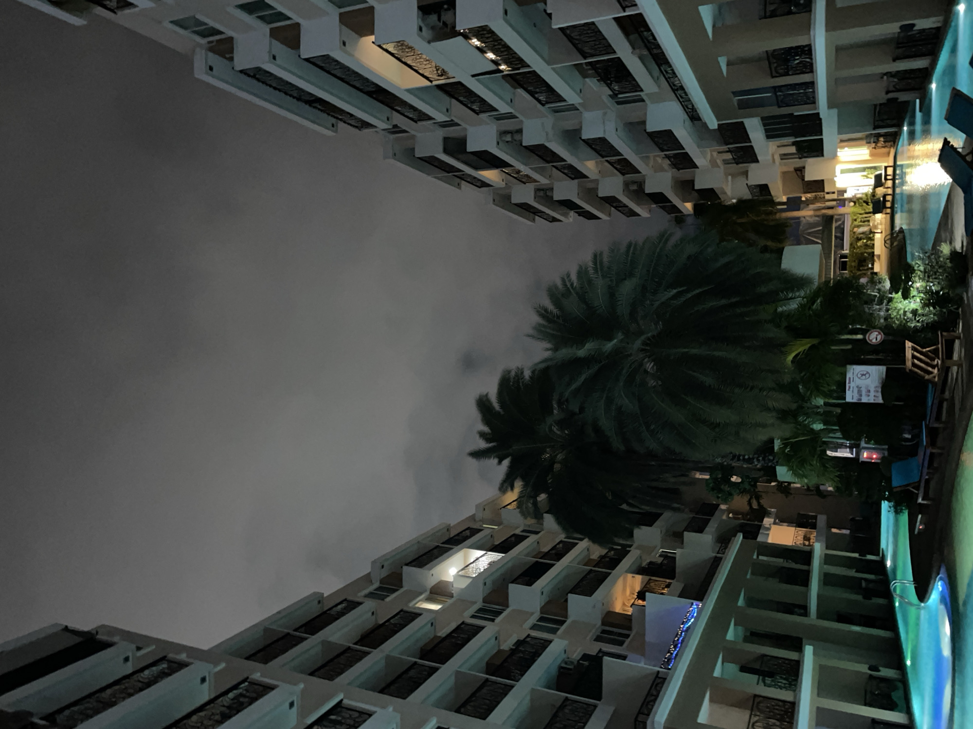 This is a nighttime exterior shot of a resort in Pattaya City, Thailand. The image features two multistory buildings with balconies and windows, flanking a swimming pool. Palm trees are visible in the foreground and between the buildings. The pool is illuminated with blue and green lights, and there are lounge chairs around it. The sky is overcast and dark.
