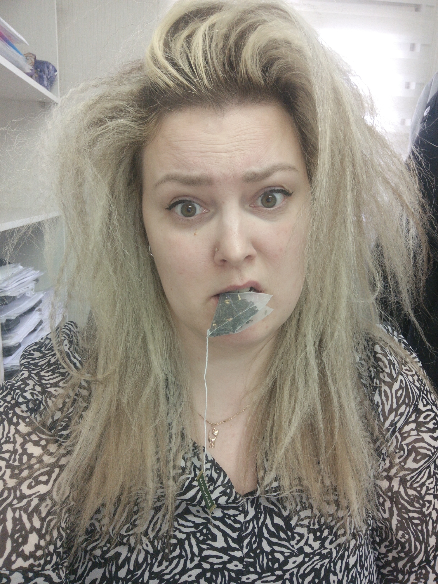 A blonde woman with her hair pulled back stands indoors with a wide-eyed expression, holding a tea bag in her mouth. She wears a black-and-white patterned shirt, and a gold necklace with a cat pendant is visible. Behind her is a white shelf filled with papers and other objects, and a window is located in the upper right corner. The tea bag has a green tag labeled "Greenfield." The exact location of the scene could not be identified as being located in Noviy, Russia from the provided image.