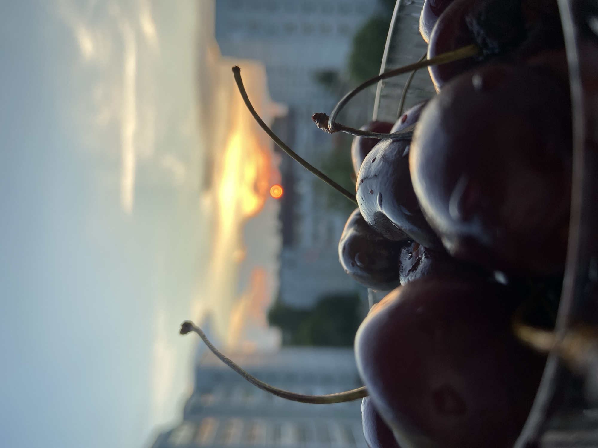 A close-up, low-angle, vertical shot features a cluster of dark red cherries in the foreground, with their stems curving upward. The cherries appear to be wet, with small water droplets visible on their surfaces. In the background, a hazy sunset creates a warm glow of orange and yellow in the sky, with soft clouds. Silhouetted against the sunset are the muted shapes of buildings, suggesting an urban environment. The image is set in Chaikovsky, Russia, as indicated by the distinctive architecture of the apartment buildings and the overall atmosphere of a Russian city. No people are present in the image. The focus is sharp on the cherries in the foreground, while the background is blurred, creating a shallow depth of field.