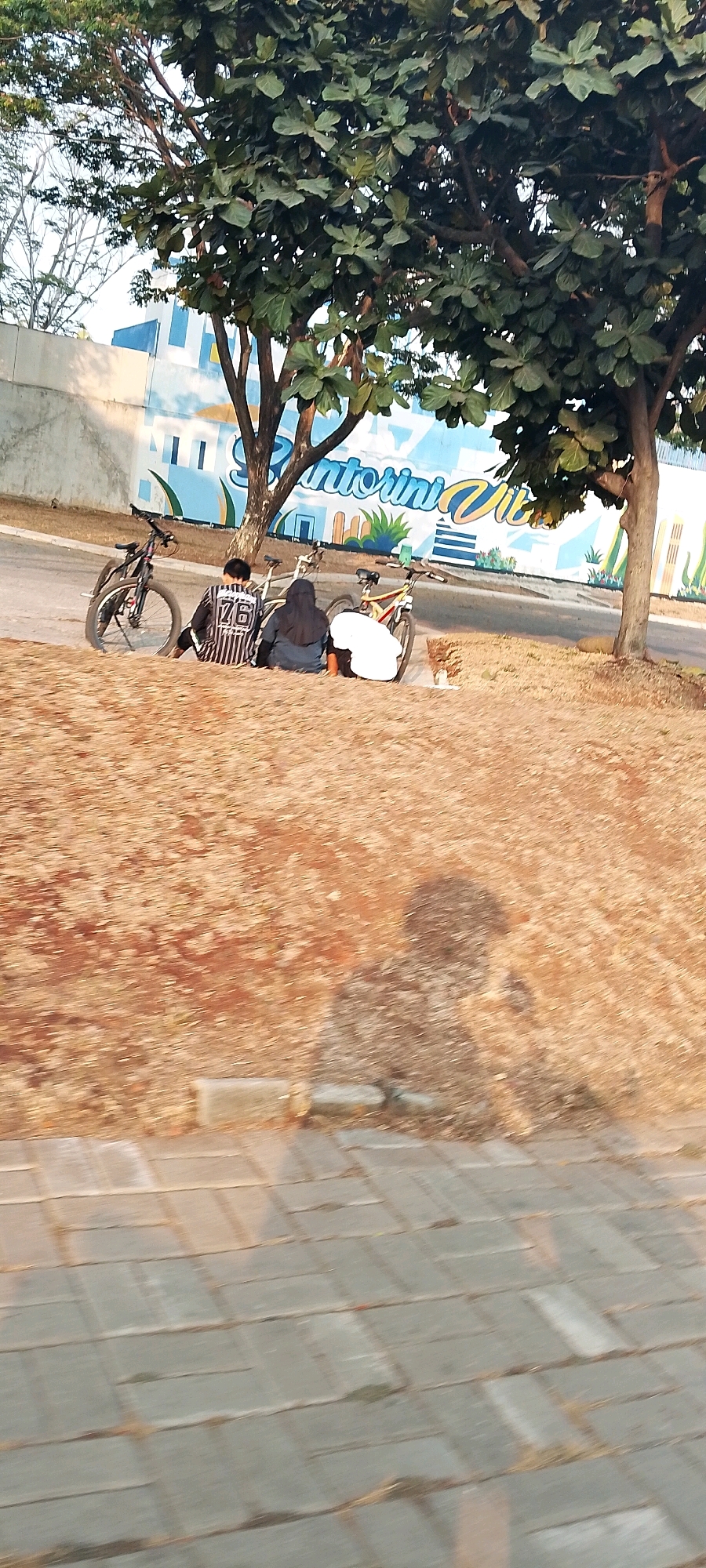 The image depicts an outdoor scene, likely in Satriamekar, Indonesia. In the background, a mural adorns a wall, featuring stylized buildings and the word "Santorini Vit" in colorful lettering. In the mid-ground, three individuals are seated on the ground, facing away from the camera, with two bicycles parked beside them. One individual wears a striped shirt with the number '76' on the back, another is in a dark hijab, and the third is in a white garment. A ginger cat is also present, lying down near the seated individuals. The foreground consists of dry, brown ground cover and a paved walkway. The overall impression is a casual outdoor setting, possibly a park or recreational area, with elements suggesting leisure activities.