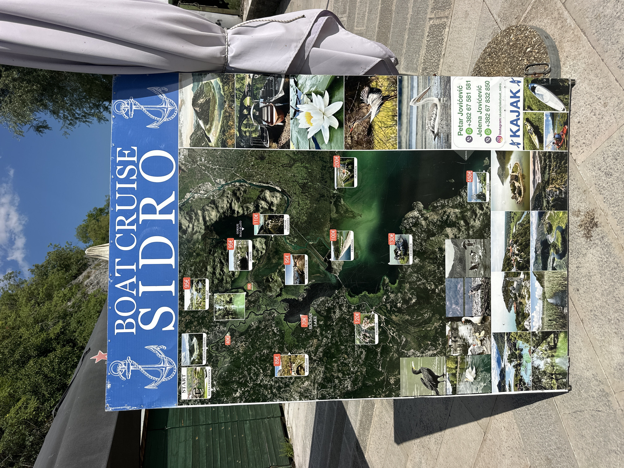 This is a full outdoor shot of a large blue sign advertising boat cruises on Skadar Lake, near Rijeka Crnojevića, Montenegro. The sign features an aerial map of the lake with various locations marked with prices, and smaller inset photos showcasing wildlife and scenery. The sign is propped up on a stone surface, with a grey umbrella visible to the right. The background shows lush green foliage and a bright blue sky with some clouds. There are no people visible in the frame.