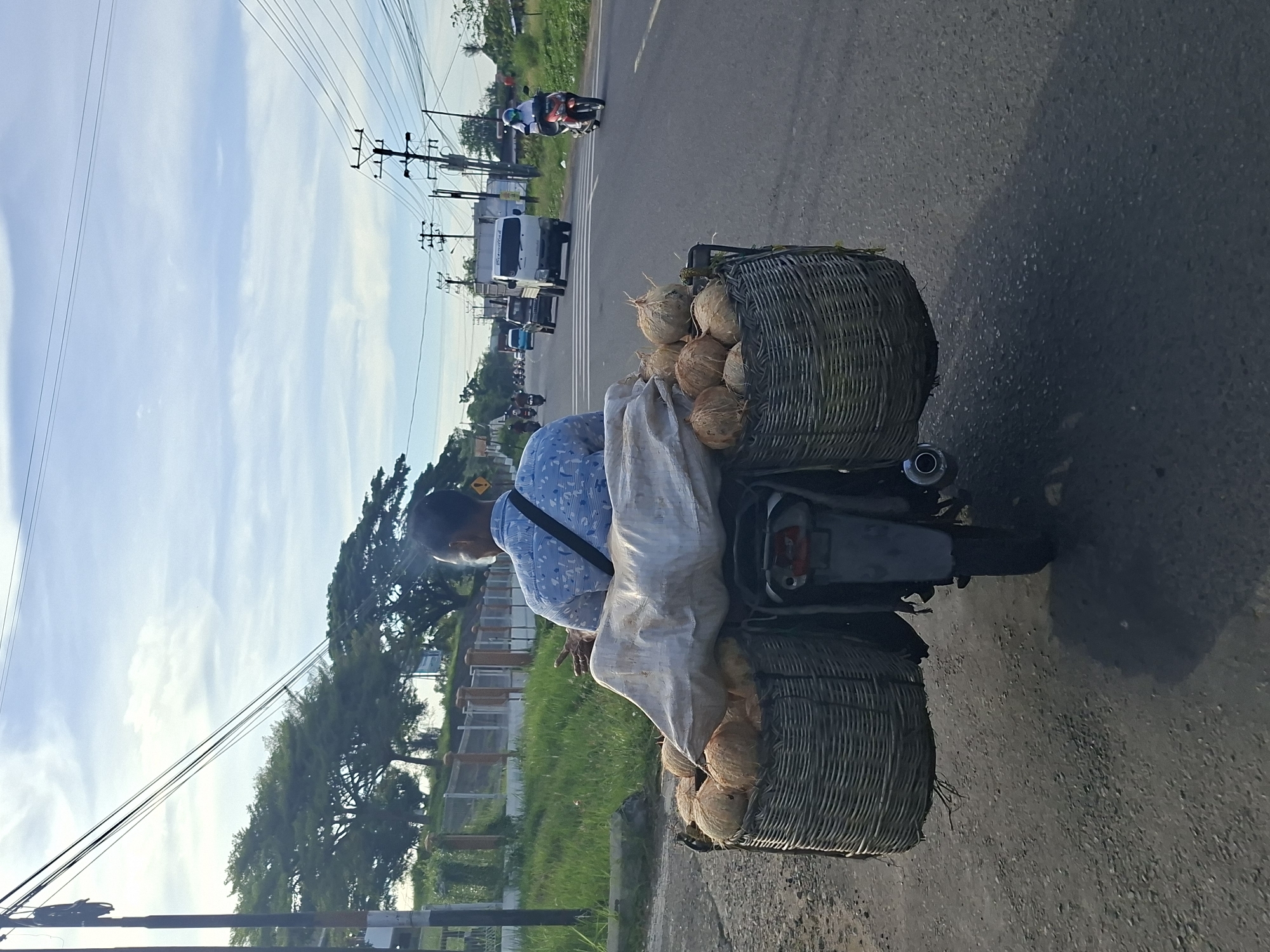 A man is riding a moped with two large woven baskets filled with coconuts on a road. The road is paved and has a grassy shoulder on one side with a fence and trees behind it. On the other side of the road, there is traffic, including cars, trucks, and motorcycles. Overhead electrical wires are visible against a blue sky with clouds. The man is wearing a light blue patterned shirt and a dark strap. This scene takes place outside the city of Lhokseumawe, Indonesia.