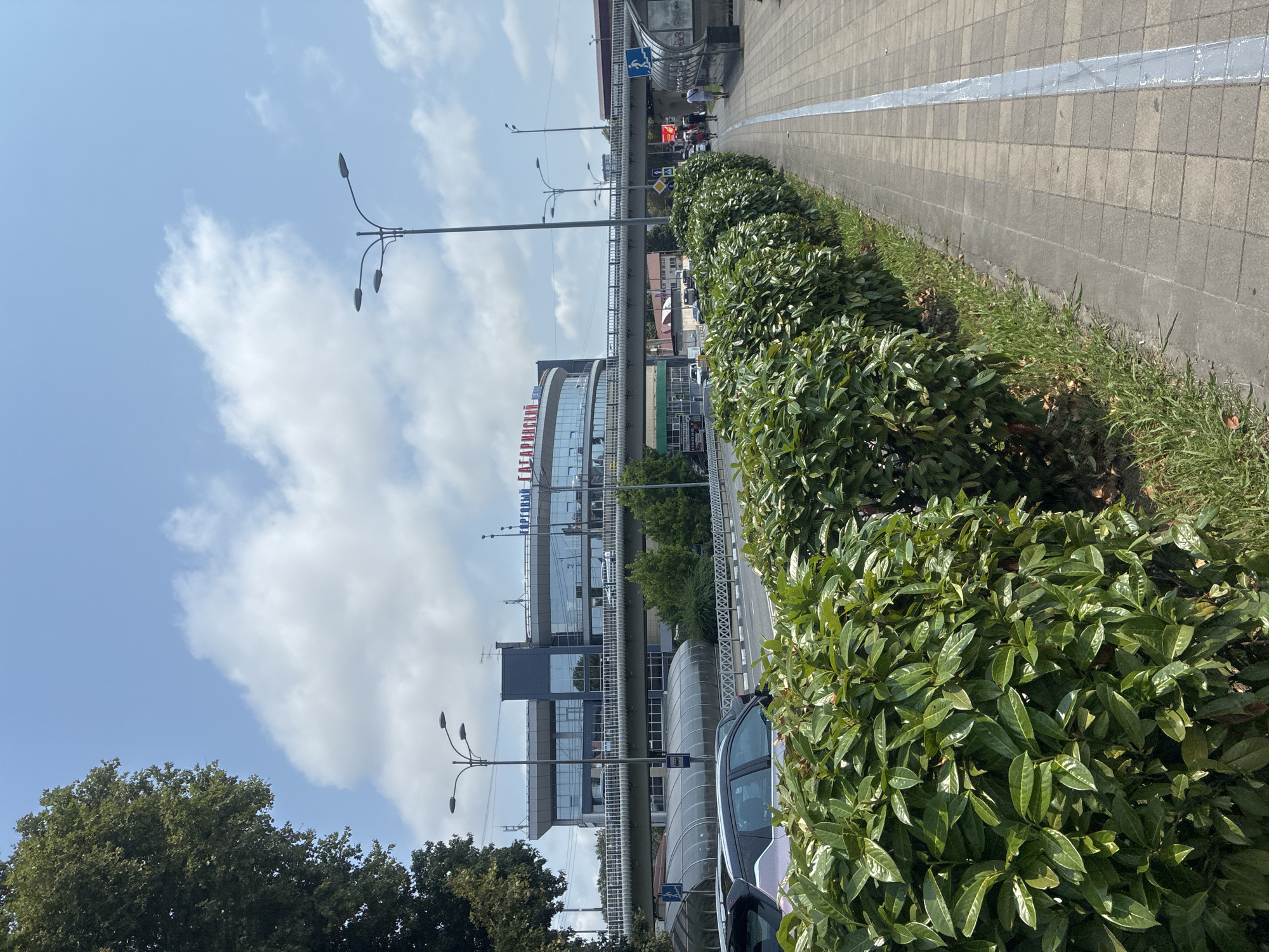 The image captures a street scene in Sochi, Russia, featuring a modern building with the Cyrillic text "ТОРГОВЫЙ ГАГАРИНСКИЙ" visible on its facade. A multi-level overpass crosses the scene in front of the building, with cars visible on the roadway below. A pedestrian walkway with a white line marking runs along the right side of the image, bordered by a neatly trimmed green hedge. A bus stop shelter is also present on the walkway. Several people are walking on the sidewalk in the distance. The sky is partly cloudy, and a tall street lamp with multiple lights stands on the left side of the image. The overall environment suggests a commercial or urban area.