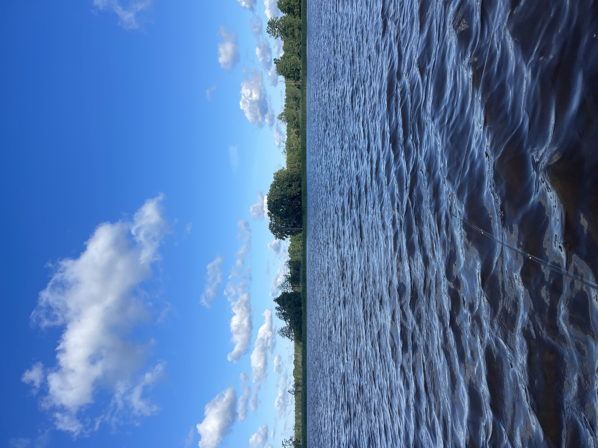 This image shows a serene body of water, likely a lake or river, under a bright blue sky dotted with fluffy white clouds. The water surface is rippled, suggesting a gentle breeze. A thin fishing line is visible extending from the bottom right of the frame into the water. The far bank of the water is lined with a dense growth of trees and vegetation. The overall scene evokes a peaceful, natural setting, characteristic of rural or semi-rural landscapes such as those found in Tīreļi, Latvia, known for its natural beauty and recreational areas.