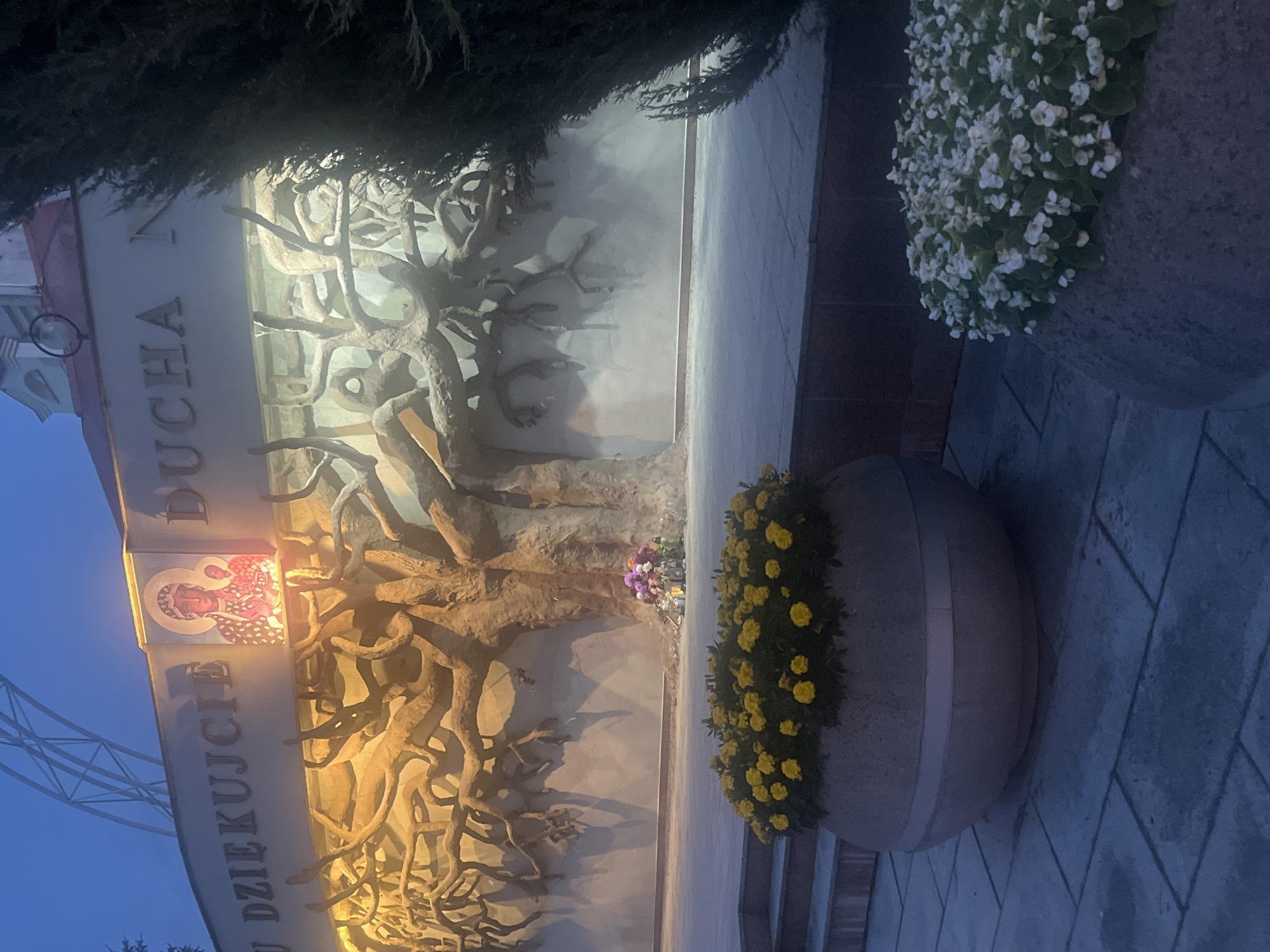 The image shows an outdoor memorial with a large, sculpted tree trunk and branches against a wall. Above the sculpture, there is a raised inscription that reads "U DZIEKUJCIE DUCHA N", with a religious icon of Mary and child at the center. At the base of the tree sculpture, there is a bouquet of colorful flowers and several small votive candles. In the foreground, there are two large planters, one filled with yellow flowers and the other with white flowers. The scene is set in the evening or twilight, with artificial lighting illuminating the sculpture and inscription. The location is identified as the Sanctuary of Divine Mercy in Białystok, Poland, a place of worship and remembrance.