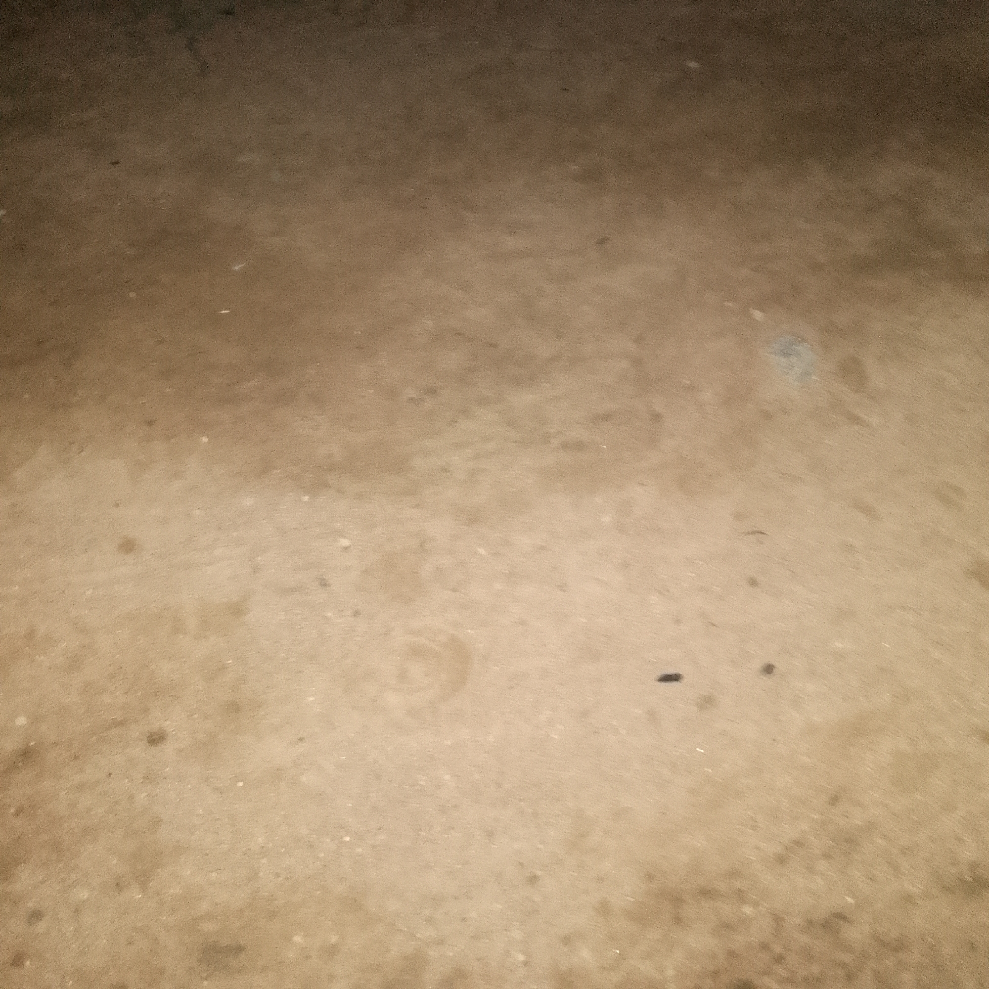 The image depicts a close-up, overhead view of a dirty, dusty, and textured surface, possibly concrete or asphalt. The color palette is dominated by shades of brown and grey, with variations in tone suggesting uneven soiling. Small specks and smudges are scattered across the surface, indicating wear and accumulation of debris. The lighting is dim and appears to be artificial, casting a subdued glow on the scene. There are no visible people, animals, or discernible objects that would indicate a specific location or activity. The overall impression is one of neglect or a utilitarian, unmaintained outdoor area.