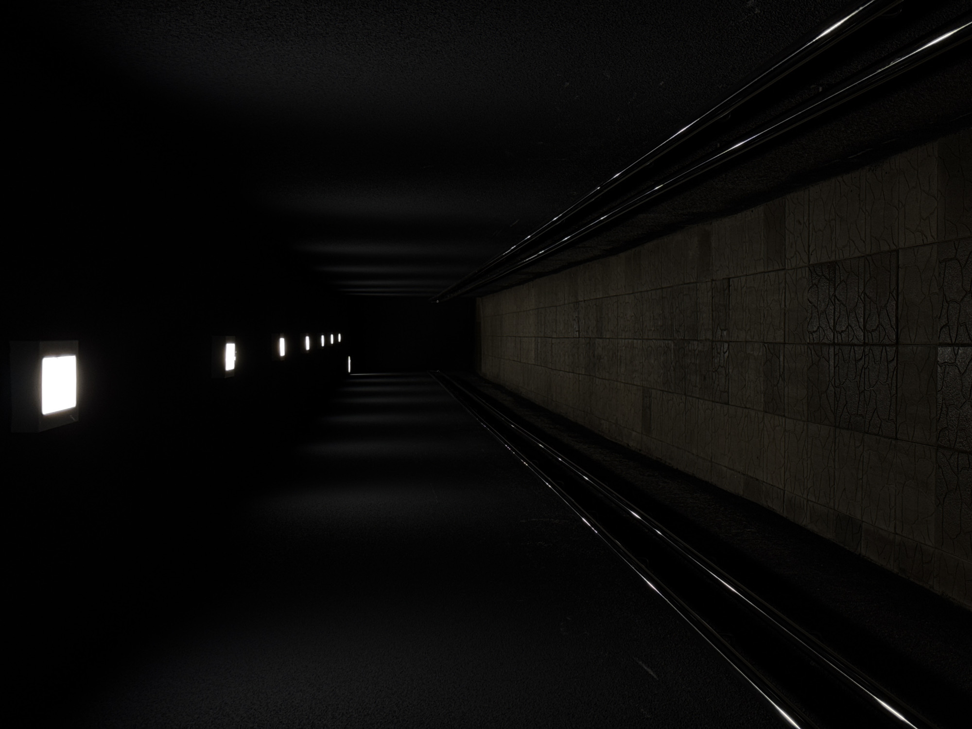The image depicts a dark, empty pedestrian underpass with overhead lighting. The walls are textured and painted black. There are two parallel chrome handrails running along the length of the underpass, one on each side. The floor is paved with dark, rectangular tiles. Several rectangular fluorescent light fixtures are visible along the ceiling, illuminating the path ahead. The scene appears to be a quiet and potentially eerie urban passage, devoid of any human presence. The provided information about the location in Minsk, Belarus, cannot be visually verified from the image alone.
