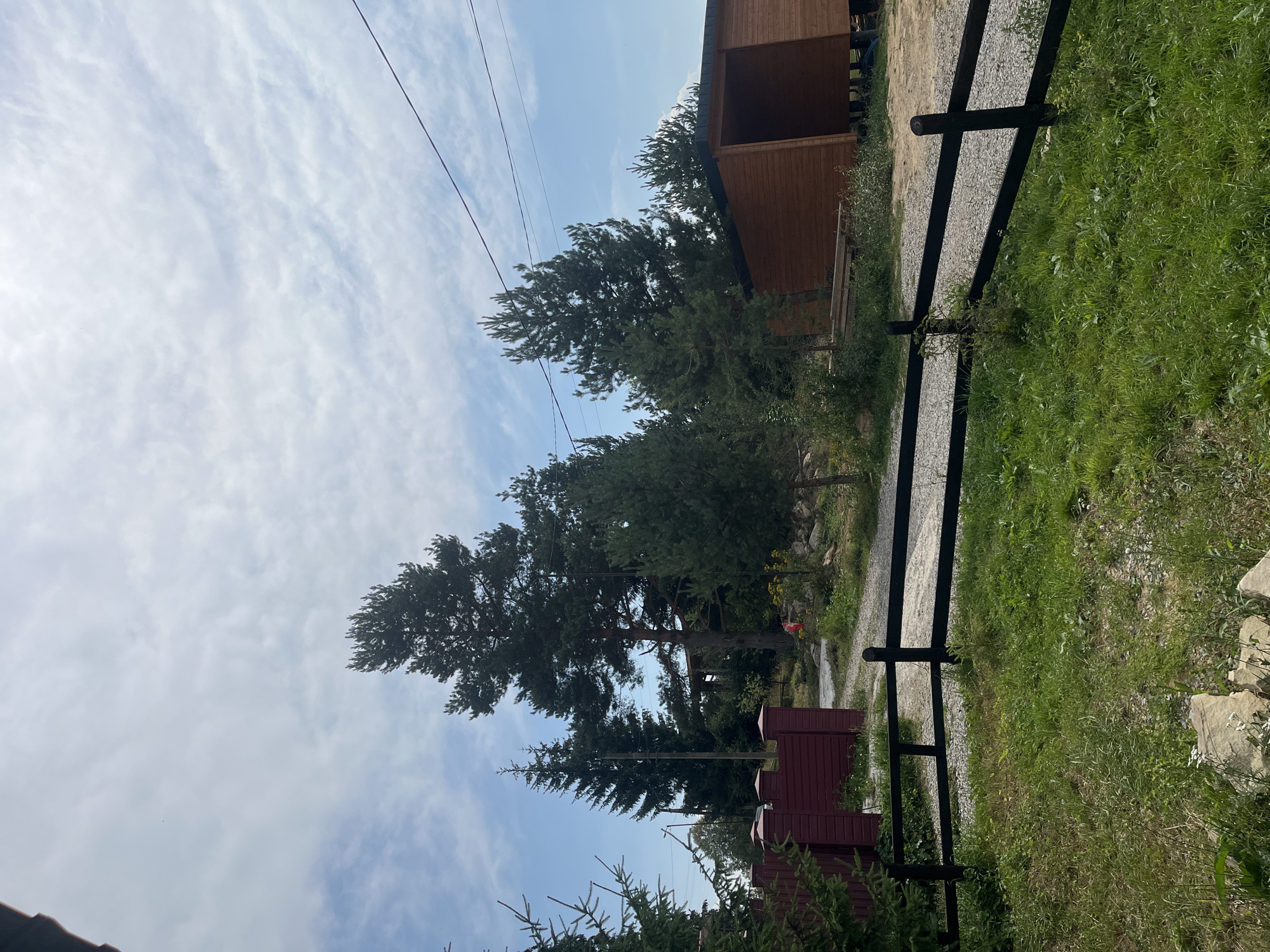 The image depicts a rural scene in Mykulychyn, Ukraine, on a bright, cloudy day. In the foreground, a black wooden fence with two horizontal rails separates a grassy area from a gravel path. To the left, a dark red wooden fence with decorative posts is visible, partially obscured by evergreen trees. Beyond the red fence, a gravel driveway leads into the property. A wooden structure with an open side, likely a shed or carport, stands on the right side of the image. The background features several tall evergreen trees, some of which are quite large, with a partially visible building or structure behind them. The sky is filled with white, wispy clouds against a pale blue backdrop. Power lines are visible stretching across the upper portion of the image. The overall impression is of a residential or recreational property in a wooded area.