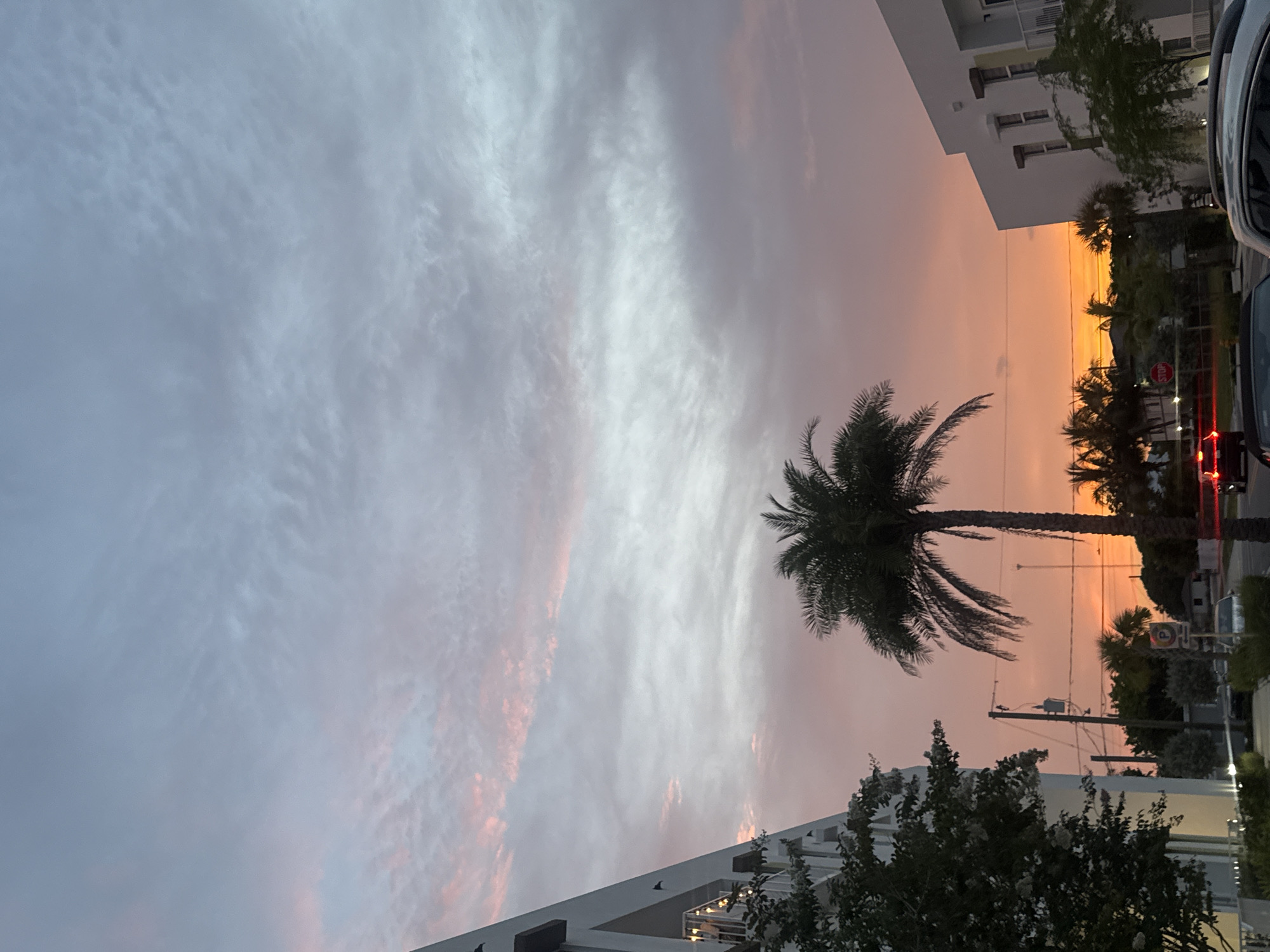 An outdoor, medium shot captures a street scene at dusk in an unknown urban location. The sky above is a canvas of soft, pastel colors, with streaks of pale pink and gray clouds against a gradient of light purple and orange hues. In the center of the frame, a tall palm tree stands silhouetted against the colorful sky, its fronds fanning out broadly.
To the left, a modern building with angular white architecture dominates the foreground. Its facade features balconies adorned with string lights, and lush green trees with small white flowers flank its base. To the right, another contemporary white building with multiple windows and balconies is visible, partially obscuring the view of the sky.
A street runs horizontally across the lower portion of the image, with cars present. One car, a dark-colored sedan, is stopped at an intersection marked by a red stop sign. Another car, possibly a white SUV, is parked in the foreground on the right. Utility poles with wires are scattered throughout the scene, adding to the urban atmosphere. The overall impression is a serene evening in a modern city, bathed in the warm glow of sunset.