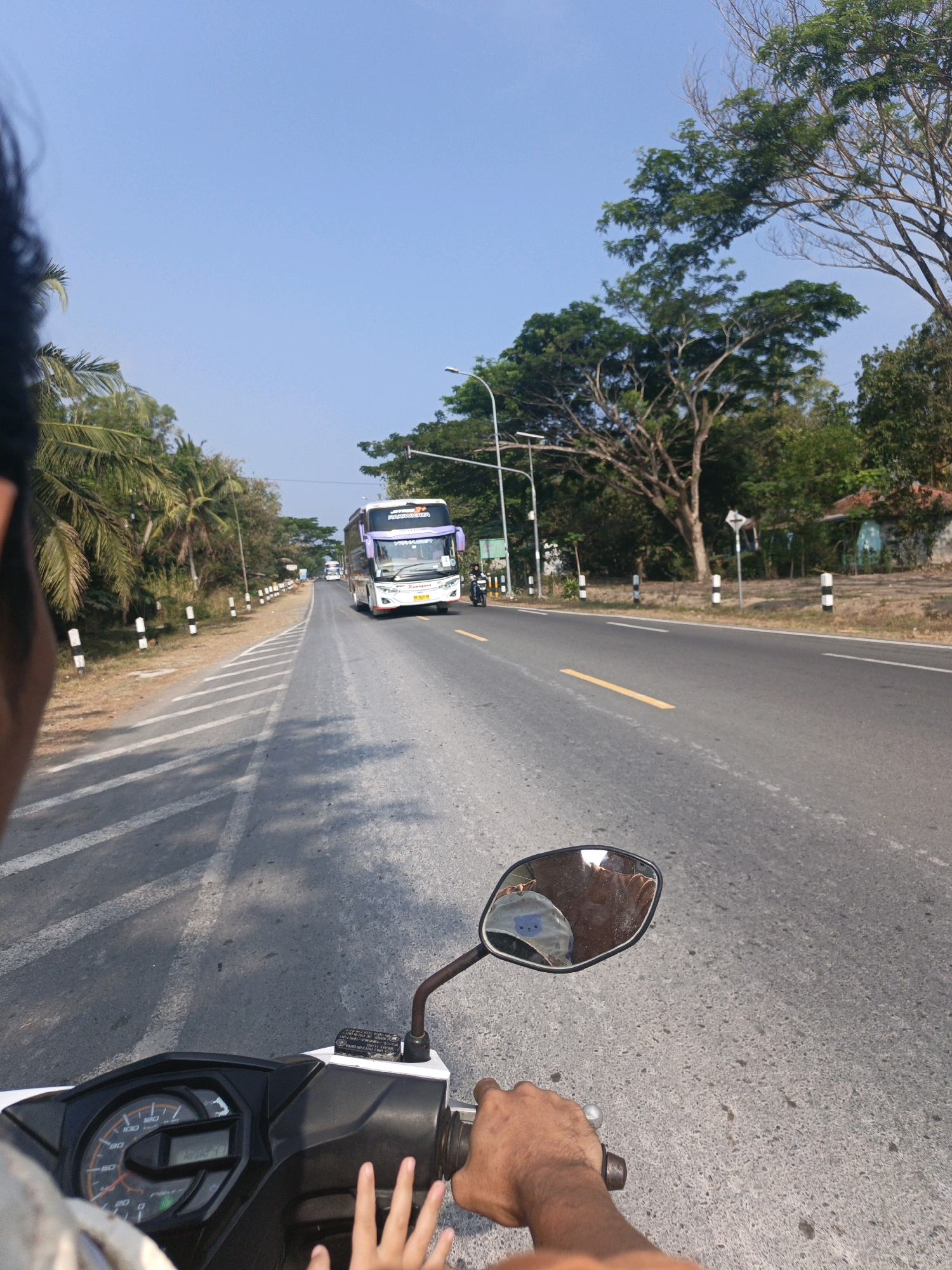 This image, taken from the perspective of someone riding a motorcycle, shows a rural road in Tambakmulyo, Indonesia. The road is paved with asphalt and has a yellow dividing line. On the right side of the road, there are trees and some houses, and on the left side, there are palm trees and more vegetation. A large white bus with purple accents is traveling on the road ahead, and another motorcycle can be seen in the distance. The sky is clear and blue. The foreground shows part of the motorcycle's handlebars, dashboard, and a hand of a child reaching towards the camera. The image captures a typical scene of rural Indonesian transportation and landscape.