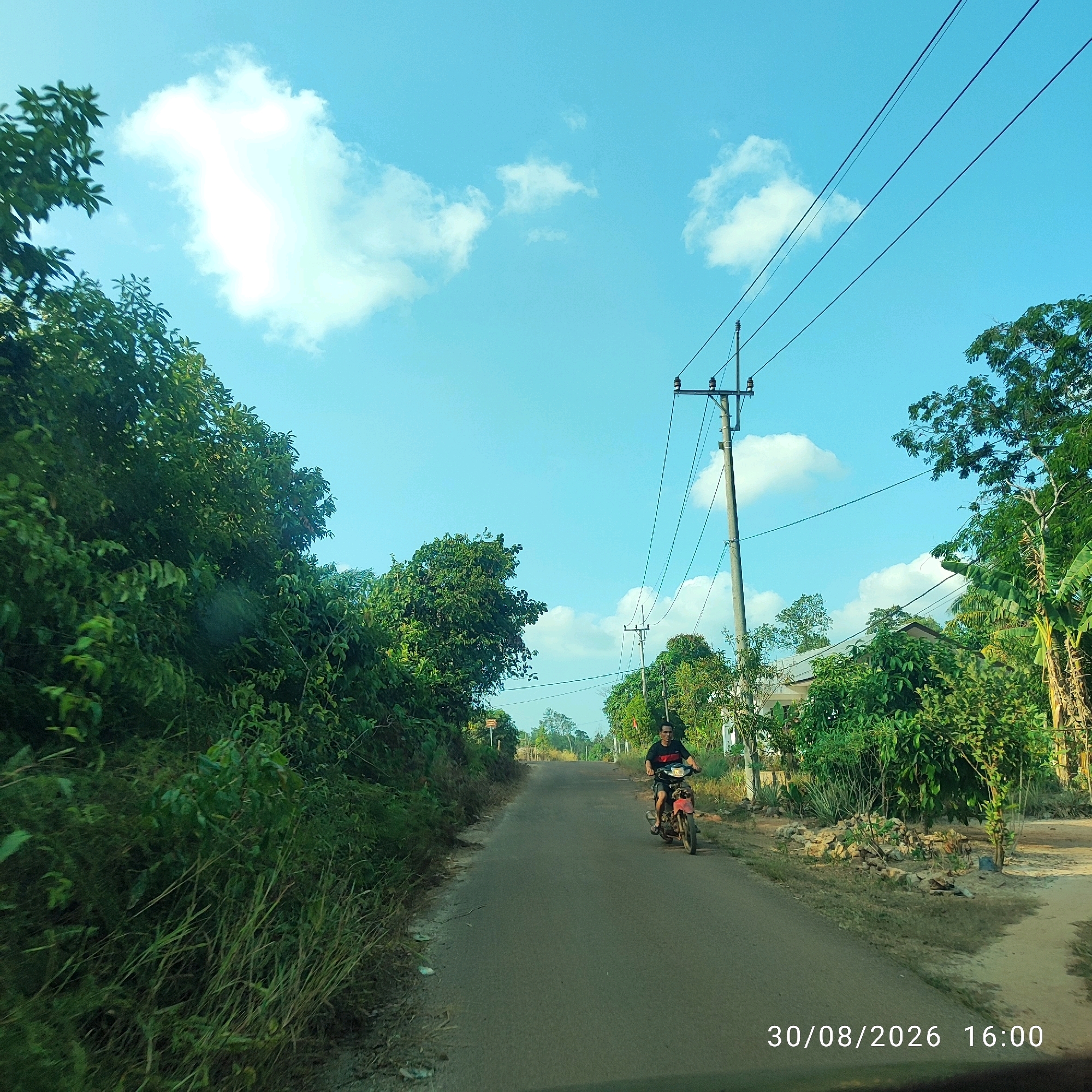 The image depicts a rural road scene in Pembaharuan, Indonesia, under a clear blue sky with scattered white clouds. The road is paved and appears to be a two-lane pathway. On the right side of the road, there are several power poles with wires running across the frame. Lush green trees and vegetation line both sides of the road. In the foreground, a person is riding a red motorcycle from right to left. The rider is wearing a black t-shirt with red stripes and dark shorts, and appears to be looking forward. The timestamp "30/08/2026 16:00" is visible in the lower right corner of the image, indicating the date and time the photograph was taken. The overall impression is that of a sunny day in a tropical or sub-tropical rural area.