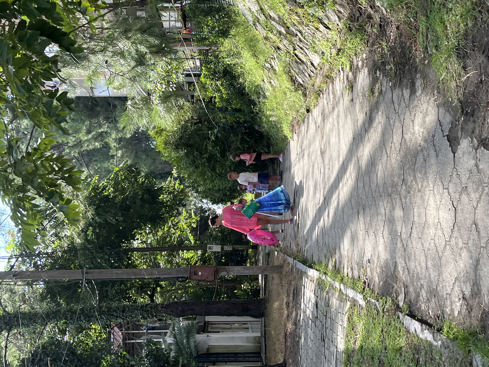 In Ureki, Georgia, on a bright, sunny day, a woman in a vibrant pink dress walks along a paved pathway. She is holding a green bag in one hand and a folded blue umbrella in the other. Beside her, a child in a white shirt and blue shorts stands looking at something in their hand. To the right of them, a young girl in a pink top and black shorts also stands. Behind them, more children are visible. The pathway is flanked by lush green grass and a dry stone wall covered in vegetation on the right. Tall trees and foliage create a dappled sunlight effect on the path. On the left side of the pathway, there is a building with a porch and a tall, ivy-covered tree. A utility pole with a mailbox is also present. The scene suggests a casual outing in a residential or park-like area.