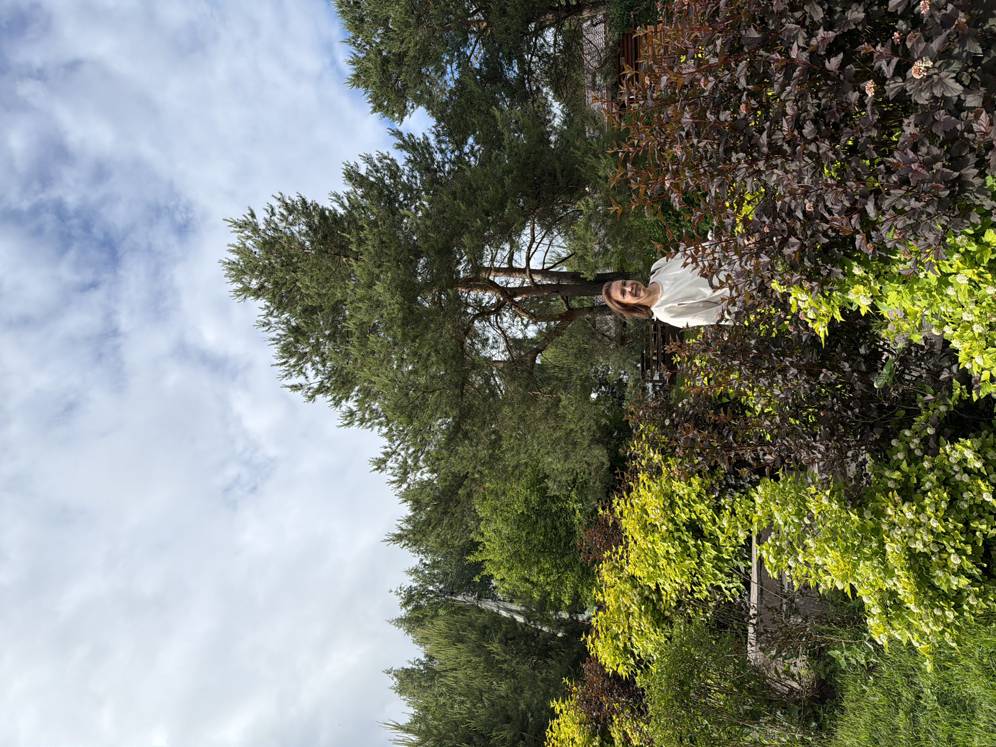 This image, identified as being in the city of Izhevsk, Russia, captures an outdoor scene dominated by dense foliage under a partially cloudy sky.
The upper portion of the frame features a sky with scattered white and light gray clouds against a faint blue backdrop. Below the sky, numerous evergreen coniferous trees with dark green needles are visible, primarily in the central and right areas, with some extending to the left. A tall utility pole, made of wood and featuring electrical wires, is partially visible among the trees on the left side, slightly to the left of the image's vertical center.
The midground and foreground are densely populated with various shrubs and bushes. On the left side, vibrant lime-green bushes with clusters of small white flowers are prominent. To the right of these, dark reddish-purple leafed bushes, some displaying small, pale pink flower buds or blossoms, fill the right half of the foreground. Green grass is visible in the lower-left corner.
A single adult female is positioned in the midground, partially obscured by the bushes. Her torso and head are visible above the foliage. She has medium-length brown hair, a fair complexion, and is smiling broadly, looking directly towards the camera. She is wearing a light-colored, long-sleeved top, possibly off-white or cream, with a wide neckline. A light-colored strap, consistent with a purse or bag, is visible over her right shoulder. In the far background, behind the woman and through the trees on the right, a segment of a wooden building with a dark roof can be faintly discerned. The lighting suggests it is daytime.