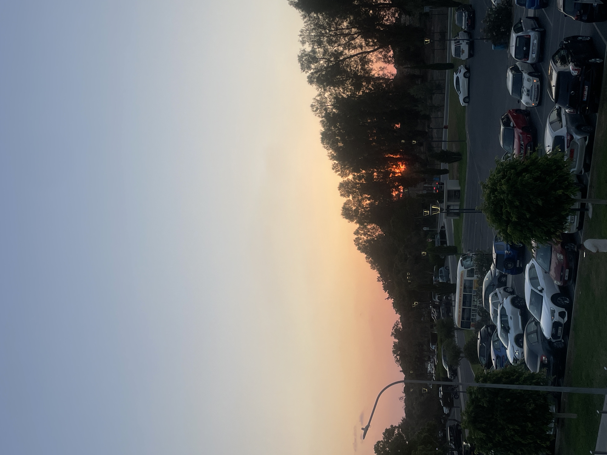 The image captures a parking lot in Paphos Municipality, Cyprus, during sunset. The sky transitions from a pale blue at the top to warm hues of orange and pink near the horizon, where the sun is setting behind a dense line of trees. The parking lot is filled with various vehicles, including cars and a white bus with text that reads "TRANSFER TO ADONIS BATHS WATERFALLS." Streetlights are visible in the parking lot and along the road. Lush green trees and bushes are scattered throughout the scene, adding to the natural environment surrounding the urban infrastructure. The overall atmosphere suggests a tranquil evening in a Mediterranean setting.