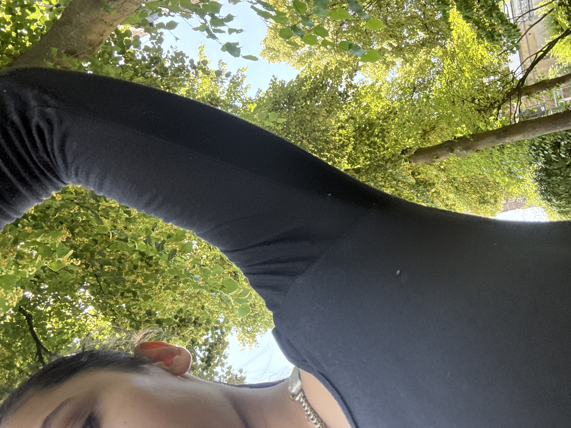 This media file is a low-angle, close-up shot of a person from the perspective of looking up at the sky through trees. The primary subject is a person wearing a black long-sleeved shirt, with their arm extended upwards. Part of their face, including their eye and ear, is visible in the lower left portion of the frame. The background consists of lush green trees with dappled sunlight filtering through the leaves, suggesting a daytime setting. The sky is visible between the foliage, indicating it is likely daytime and the weather is clear. The scene appears to be outdoors, possibly in a park or garden, given the abundance of trees. There is no visible text in the media file. The overall mood is casual and relaxed, captured from an unusual perspective. The location context provided is Mönchengladbach, Germany, which aligns with the outdoor, leafy environment.