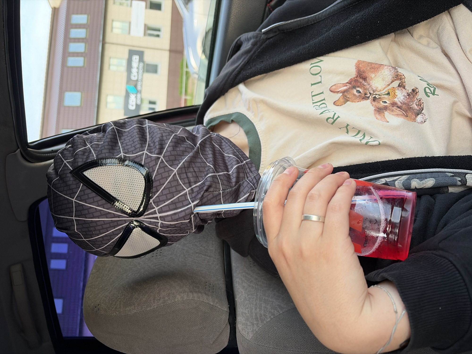 The image depicts a partial view of a person inside a car, likely a passenger, during daytime. The individual is wearing a light-colored t-shirt with a green ringer collar and a black zip-up hoodie over it. The t-shirt features a graphic of two rabbits and partially visible text that reads "RABBIT LOV" and "ONLY RA".
The person's hand is visible, adorned with a simple silver ring on the ring finger and a thin silver bracelet on the wrist. They are holding a clear plastic cup containing a bright red beverage with a straw inserted. Adjacent to the person, a grey and black Spider-Man themed travel pillow or neck pillow is visible, featuring the iconic web pattern and eye design.
Through the car window, an urban or suburban environment is visible. Several buildings with distinct architectural features and rectangular windows can be seen. Notably, on one of the buildings, a sign with Cyrillic text is prominent. The visible text includes "СВЕД" (SVED) and a partially obscured word that appears to be "СТРОИТЕЛЬСТВО" (STROITEL'STVO), meaning "Construction." A blue logo is also part of this sign. These Cyrillic cues strongly suggest the location is in Russia, consistent with the provided context of Chaikovsky. The overall scene captures a casual moment of travel or rest inside a vehicle.