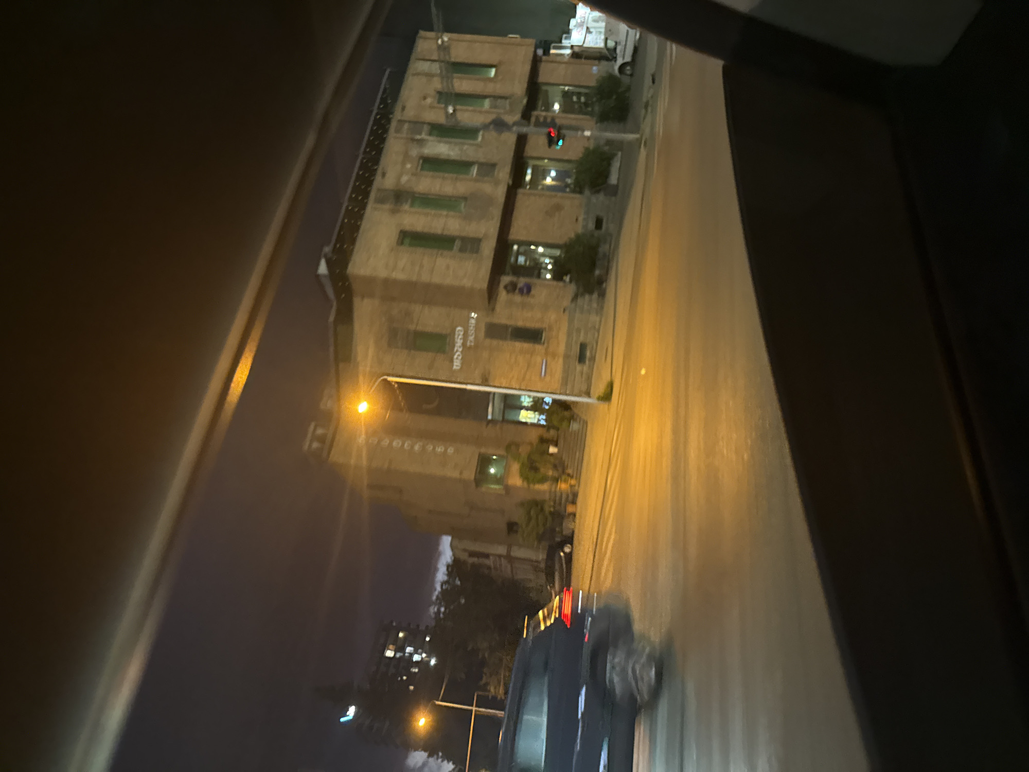 The image shows a street scene at night in Tbilisi, Georgia. A dark-colored SUV is blurred in motion on the left side of the frame, indicating it is moving. In the background, a multi-story brick building with green-tinted windows is visible. Text on the building appears to be in Georgian script and the word "TASHR" in English. A traffic light is visible in front of the building, showing a red light. Streetlights illuminate the road and sidewalk. There are some trees and potted plants around the building. In the distance, another building with illuminated windows can be seen. The overall impression is a view from a moving vehicle looking out at a city street at night.