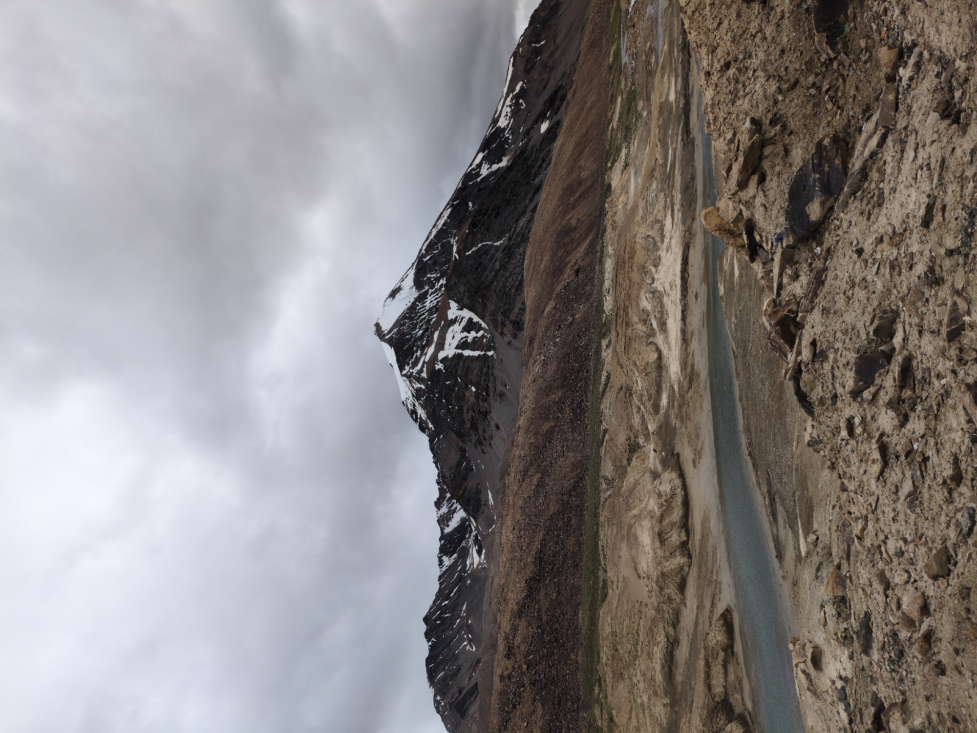 An overcast sky looms over a dramatic mountain landscape. The foreground is a rough terrain of rocks and dry earth, sloping down to a narrow, winding river. Beyond the river, rolling hills of brown and tan earth rise, transitioning into the imposing mountain range. The mountains are rugged, with dark rock faces interspersed with patches of snow, particularly on the highest peak. The overall scene is one of stark, natural beauty, devoid of any human presence or man-made structures. The location is identified as Killingsarai, India.
