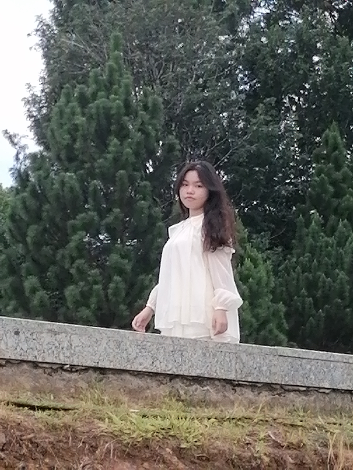 A young woman with long, dark hair stands behind a stone wall in an outdoor setting with numerous evergreen trees. She is wearing a loose-fitting, off-white dress with voluminous sleeves and a ruffled neckline. Her gaze is directed towards the camera. The stone wall in the foreground has a speckled granite appearance and is slightly elevated above a patch of grass and dirt. The background consists of dense foliage of various green tones from the trees. The lighting suggests an overcast day. The scene is likely in Da Lat, Vietnam, a city known for its pine forests and cooler climate.