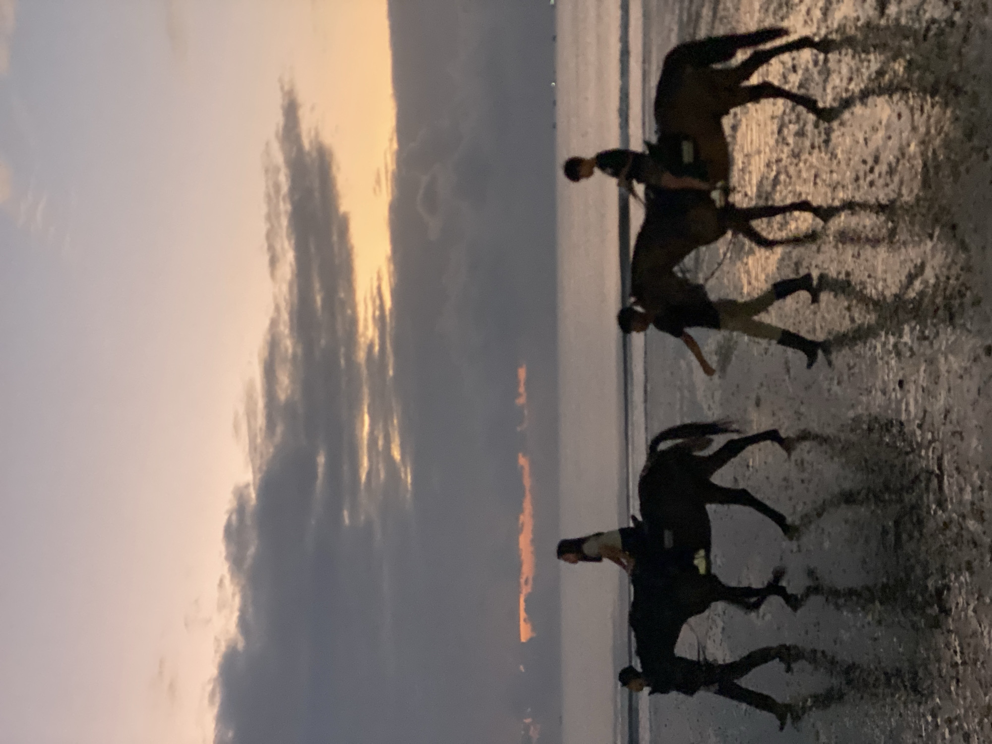 A group of people on horseback ride along a wet, sandy beach at sunset. The sky is a gradient of soft oranges and purples, with dark clouds obscuring parts of the horizon. The wet sand reflects the muted light, creating a dramatic, almost ethereal atmosphere. The riders and their horses are silhouetted against the bright sky, their forms appearing elongated and shadowy. The waves appear to be gently lapping at the shore, indicated by the wetness of the sand. The overall mood is one of peacefulness and natural beauty, with a hint of movement as the horses trot along the beach. The time of day is clearly sunset, given the lighting conditions and colors in the sky. The location cues point to a beach setting, possibly in Kuta Selatan, Indonesia. There is no visible text in the image.