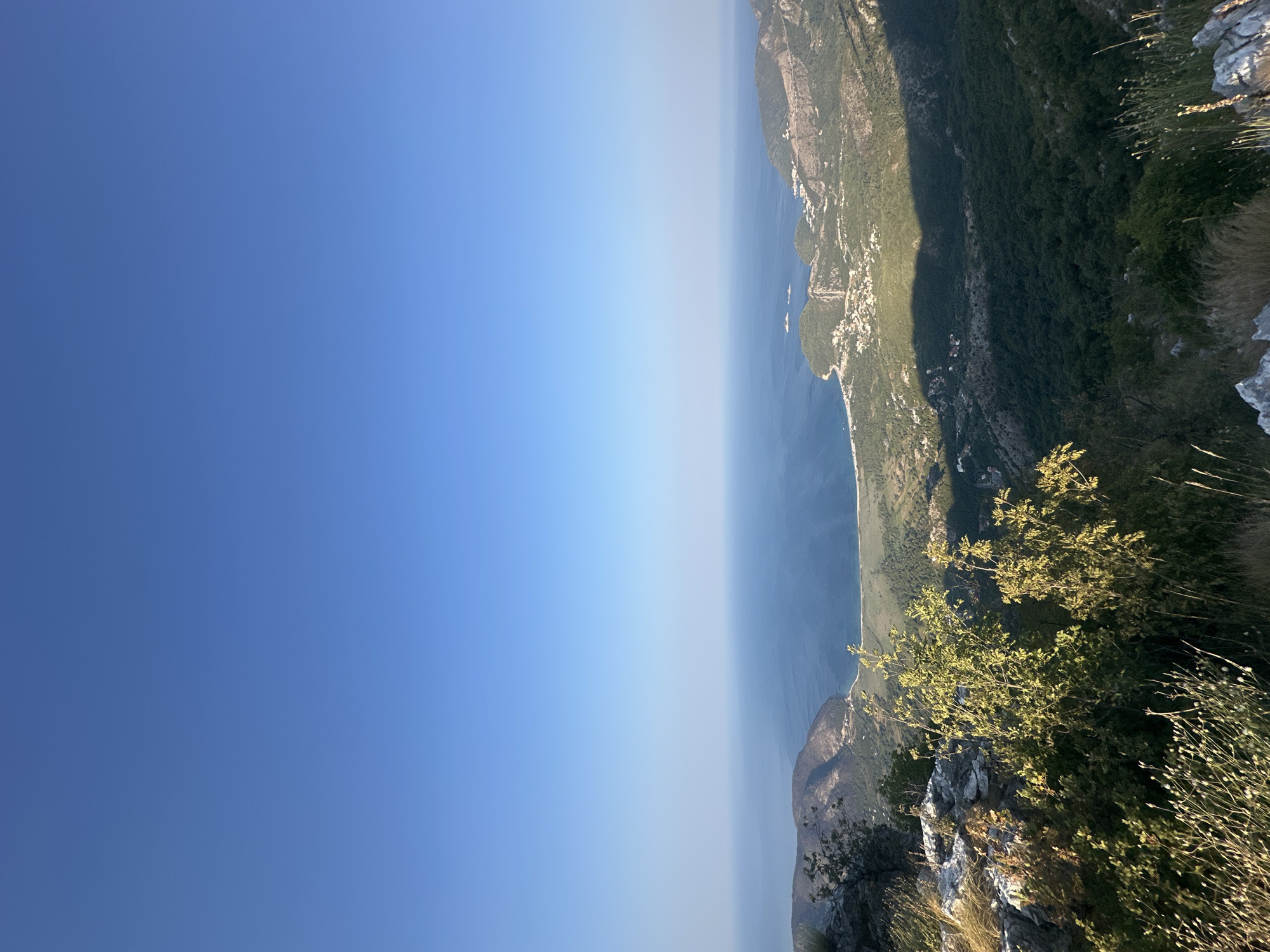 The image depicts a high-angle view of a coastal landscape near Gluhi Do, Montenegro. The foreground is dominated by rocky terrain and vegetation, including a shrub with green leaves catching the sunlight. The middle ground reveals a bay with a sandy beach, dotted with buildings and interspersed with lush green foliage. In the distance, the deep blue sea stretches to the horizon under a clear, pale blue sky. Two white ships are visible on the water. The overall scene suggests a tranquil, natural environment bathed in the warm light of what appears to be late afternoon or early morning.