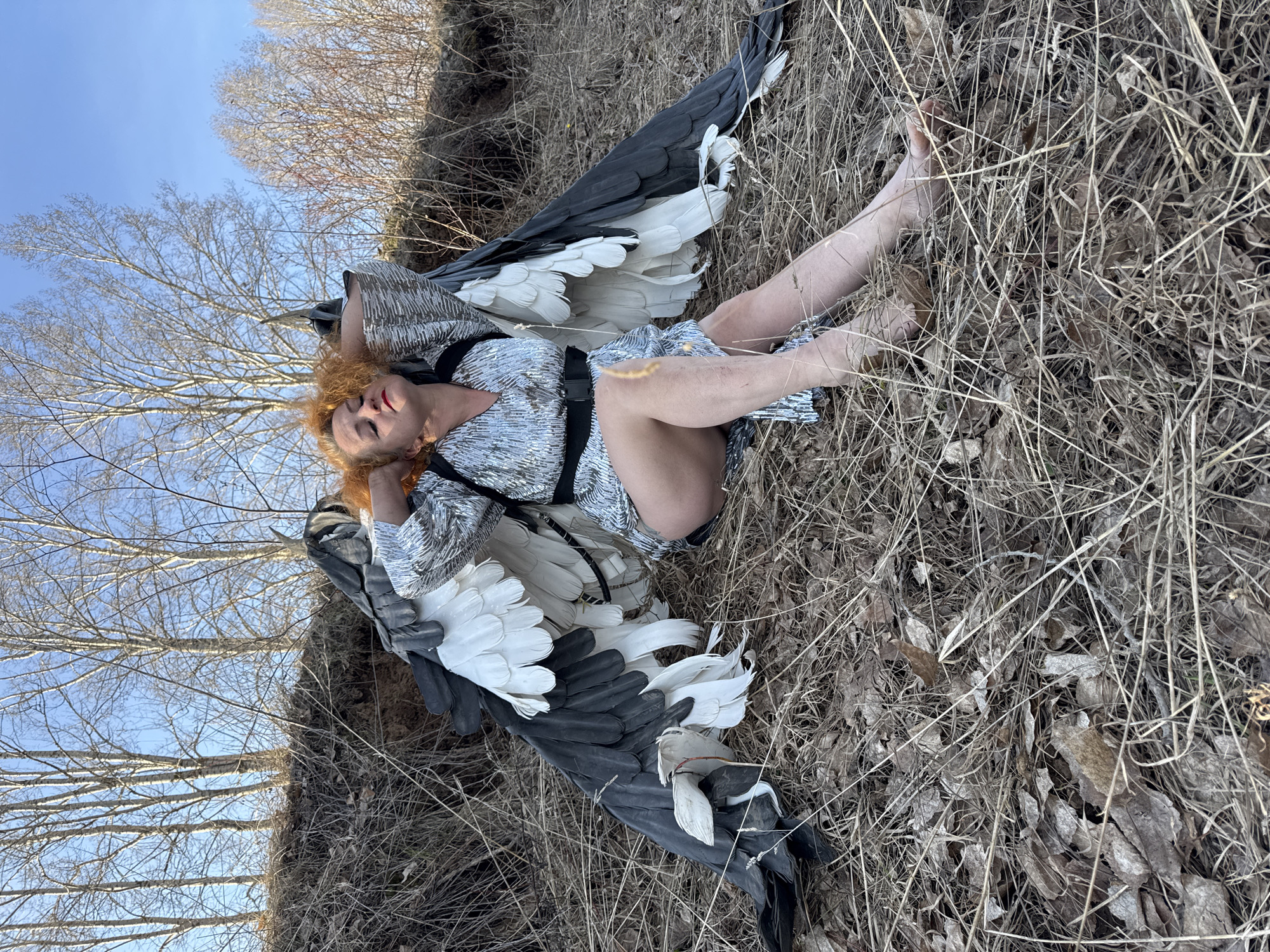 A red-haired, fair-skinned woman lies on her side in dry, brown grasses and leaves on a sunny day. She wears a silver dress with black straps, and large, black and white wings are attached to her back. Her legs are exposed, and she is barefoot. The ground slopes upward behind her. In the background are bare trees silhouetted against a blue sky. The scene is in a natural, perhaps wooded area. There is no indication that the image was taken in Noviy, Russia.