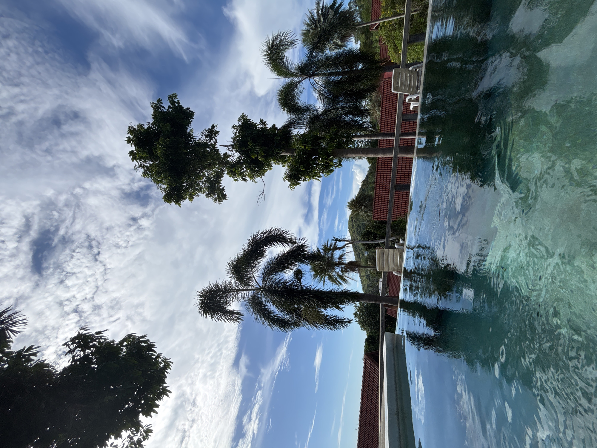 The image depicts a tropical resort scene with an infinity pool in the foreground. The pool's turquoise water reflects the sky and surrounding palm trees. In the background, there are red-tiled roofs of buildings, lush green vegetation, and rolling hills under a bright blue sky with wispy white clouds. Several palm trees and a taller leafy tree are visible, casting shadows on the water's surface. A white lounge chair sits on the deck behind the pool. The location is identified as Ban Bang Rak, Thailand.