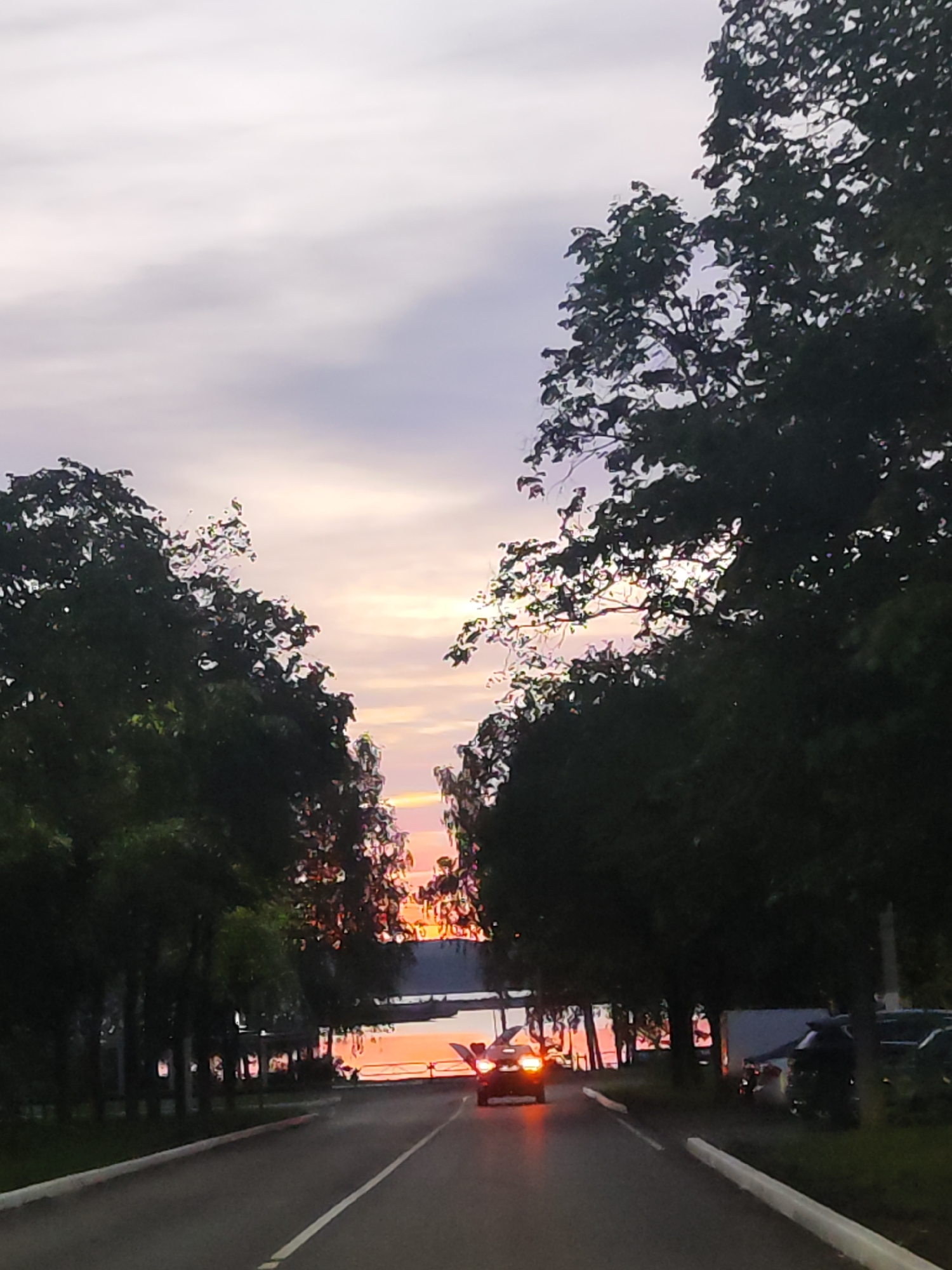 A road in Chaikovsky, Russia, is framed by trees leading towards a body of water reflecting a sunset. A car with headlights on is visible on the road. Other parked vehicles can be seen on the right side of the road. The sky is a blend of colors, from a soft pink to a pale purple.