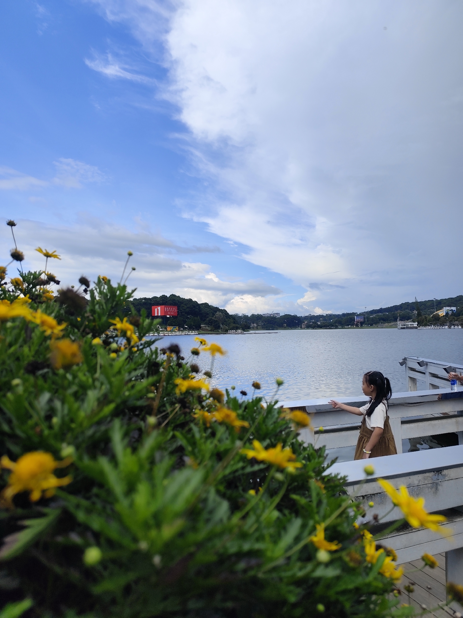 In Da Lat, Vietnam, a young girl with black hair tied in a ponytail stands on a boardwalk overlooking a serene lake. She is wearing a brown dress over a white t-shirt and her left arm is extended, as if pointing at something in the distance. She is positioned on the right side of the frame, with a lush foreground of yellow flowers and green foliage partially obscuring the view. Across the lake, a distant hillside is covered with trees, and a large red billboard with white lettering that appears to read "HAUS" is visible. The sky above is a mix of blue and white clouds, suggesting a dynamic weather system. The scene captures a moment of quiet contemplation by the water, framed by the natural beauty of Da Lat.