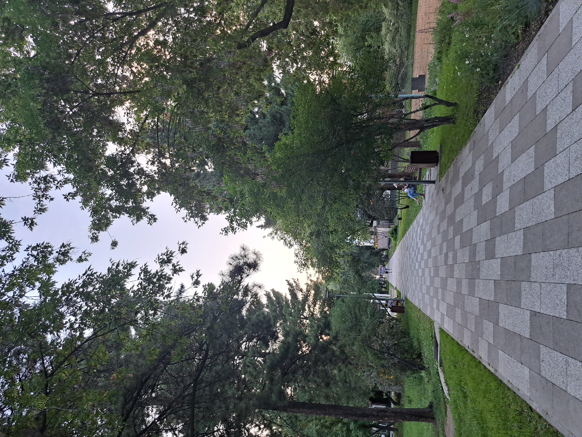 The image depicts a paved walkway in a park-like setting. The walkway is made of rectangular concrete pavers in a grey and light grey checkerboard pattern, extending into the distance. Lush green grass lines the left side of the walkway, with trees and bushes creating a canopy overhead. Several benches are visible along the path, with one person seated on a bench on the left side of the image, appearing to be looking at their phone. Further down the walkway, two individuals are walking away from the camera. On the right side of the walkway, there is more greenery, including flowering plants and bushes, and a glimpse of a fenced area, possibly a sports court, in the background. The sky above is a pale, hazy blue. The overall impression is a tranquil public space, likely in a city environment, on a day with soft, diffused light. No specific landmarks identify the location as Irkutsk, Russia.