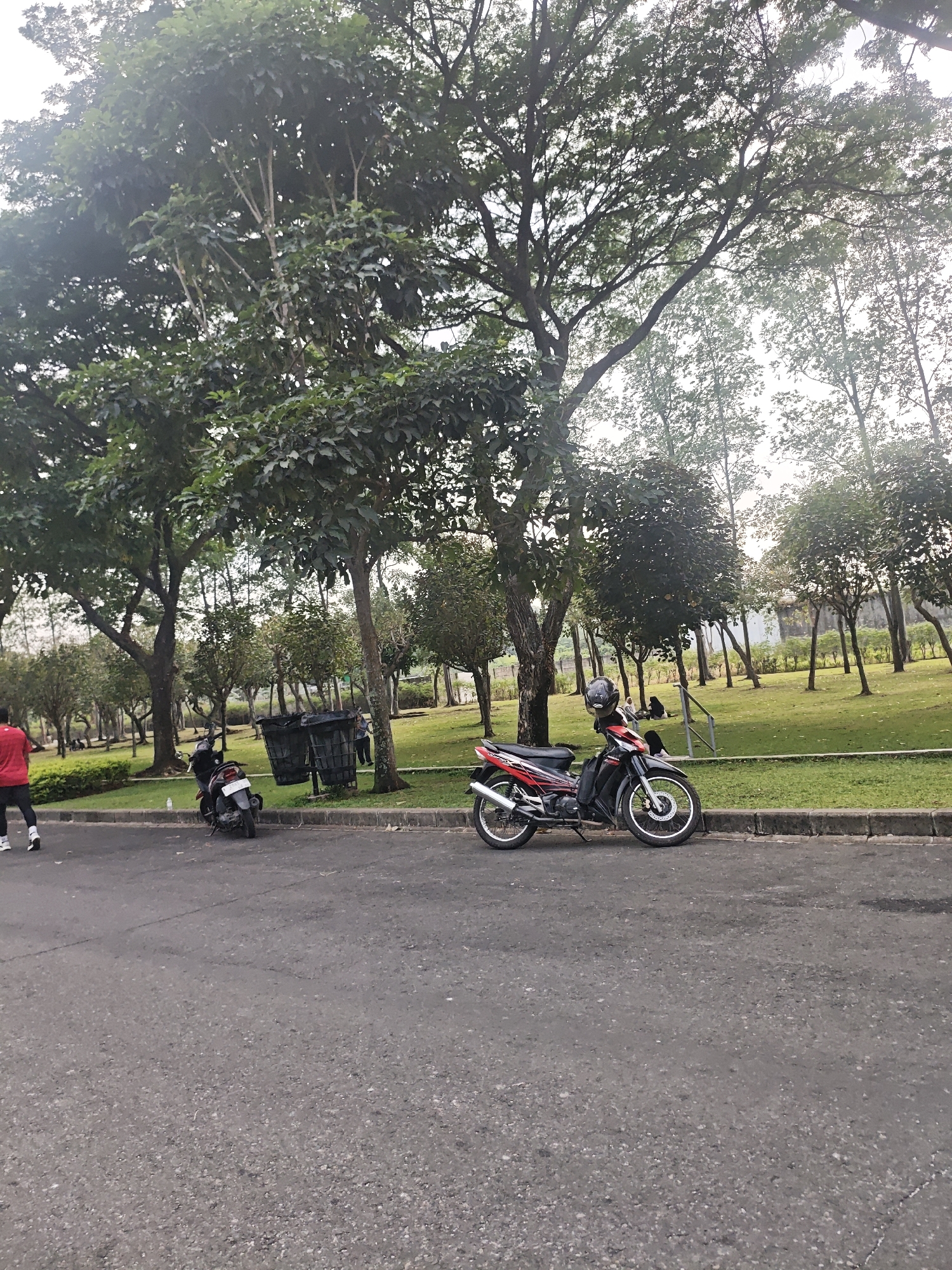 The image depicts a paved road adjacent to a grassy park area with numerous trees. Two motorcycles are parked on the side of the road, near a pair of large trash bins. A person wearing a red shirt and black pants is walking away from the camera on the road, and another person is partially visible near the trash bins. The park area has a gentle slope and several trees are scattered throughout, with a clear sky visible above. The location is identified as Bacin, Indonesia.