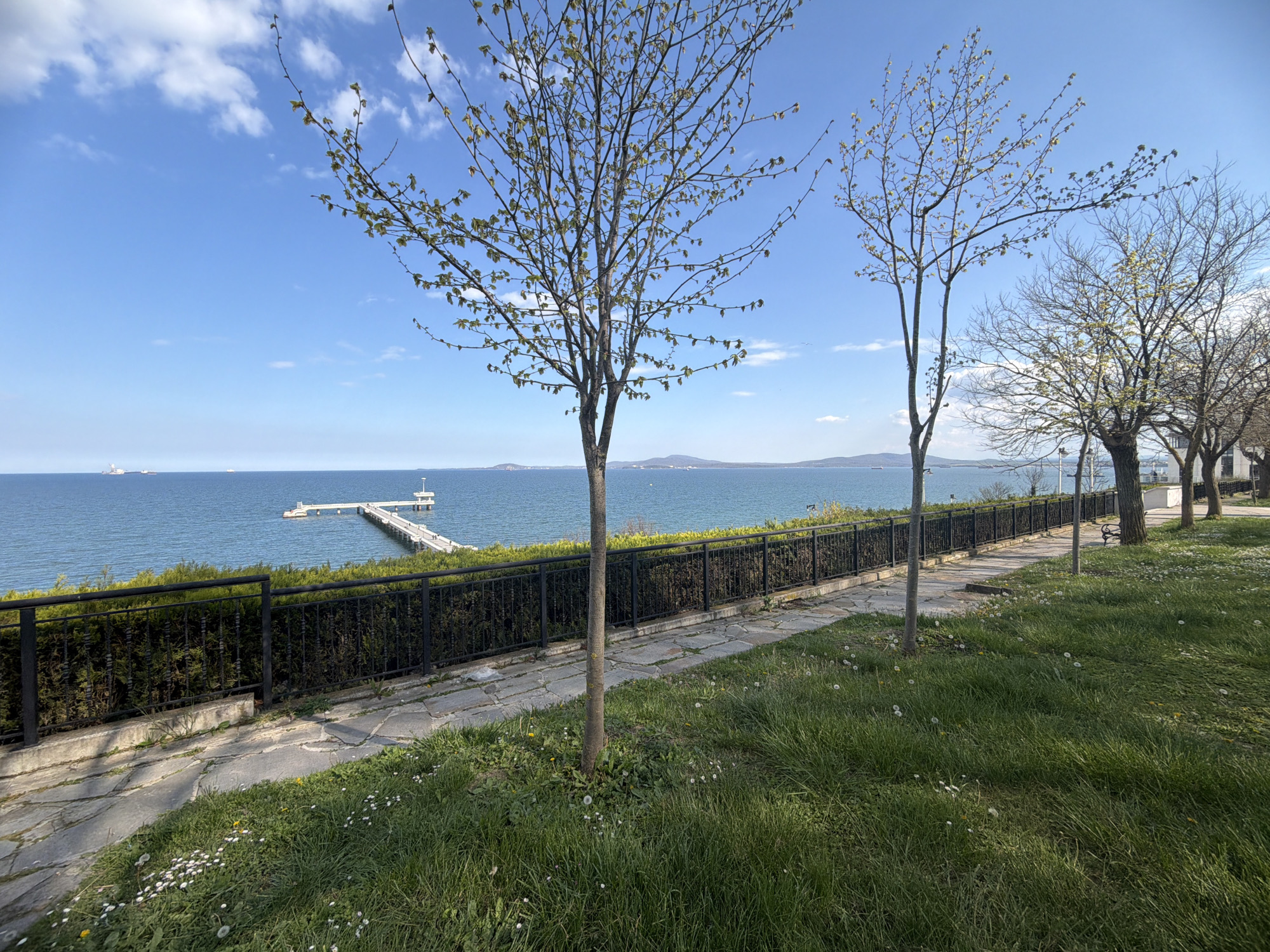 The image shows a coastal scene, likely a park or green space overlooking the sea. A metal railing separates the green area from a drop-off towards the water. A pier extends into the water. Trees, some with new leaves and others bare, are sparsely planted along a paved pathway behind the railing. The sky is blue with scattered clouds. In the distance are landmasses or islands on the horizon. There are no people visible.