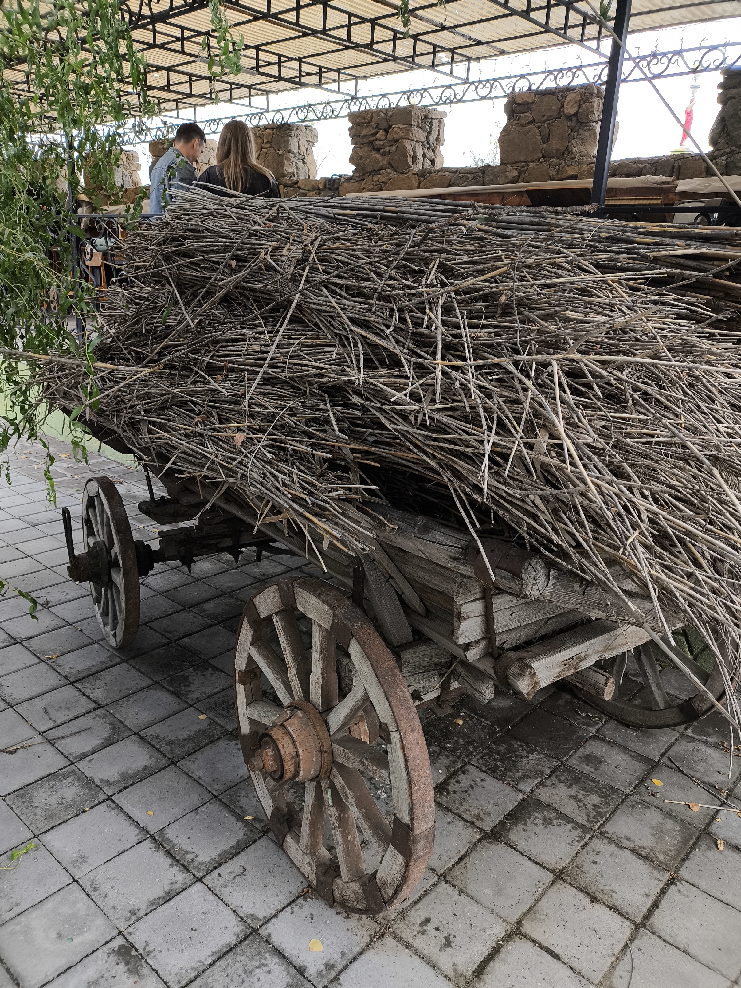 An old wooden cart filled with dry branches is parked on a paved area in front of a stone wall. Two people, a man and a woman, are standing behind the cart, partially obscured by the branches. The cart has large wooden wheels, one of which is clearly visible in the foreground. Above the cart and stone wall, a metal canopy with a patterned roof is visible, with some green foliage hanging down on the left side. The scene appears to be outdoors, possibly in a historical or park-like setting. The location is identified as Borgustanskaya, Russia.