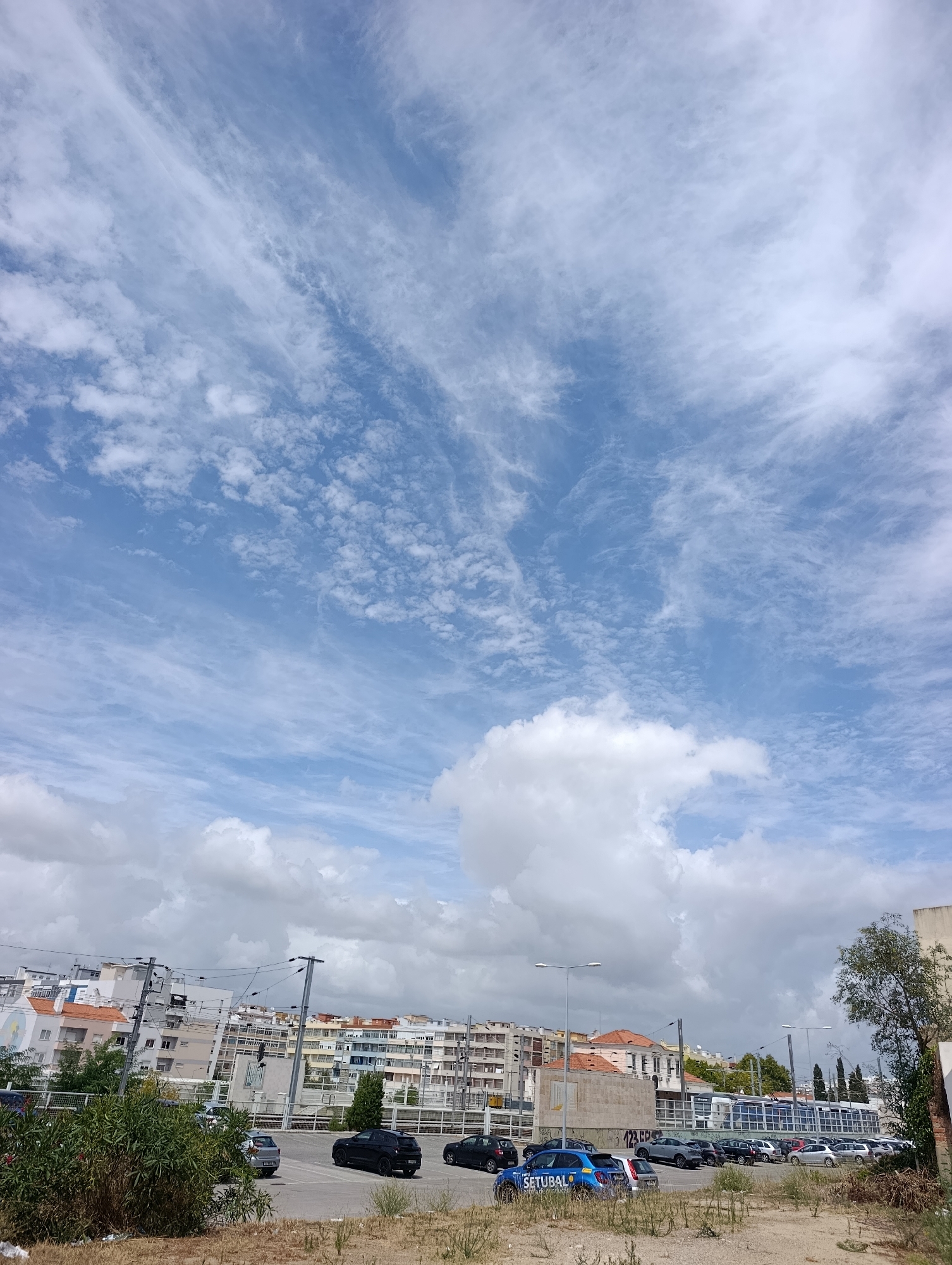 This image depicts an outdoor scene in the city of Setúbal, Portugal, under a partially cloudy sky. In the foreground, a dry, unkempt patch of ground with scattered weeds and dry grass is visible. Beyond this, a paved parking lot stretches across the middle ground, containing several parked vehicles. These include a black sedan, a silver hatchback, and a blue car with "SETÚBAL" written on its side. In the background, a row of multi-story buildings lines the horizon, featuring a mix of architectural styles and colors, with some displaying orange-tiled roofs. A street light is present near the center of the frame. To the left, dense green foliage partially obscures the lower portion of the buildings. The sky above is a mix of bright blue and scattered white clouds, with wispy cirrus clouds forming delicate patterns across a large portion of the upper frame. A tram or train is visible between the parking lot and the buildings.