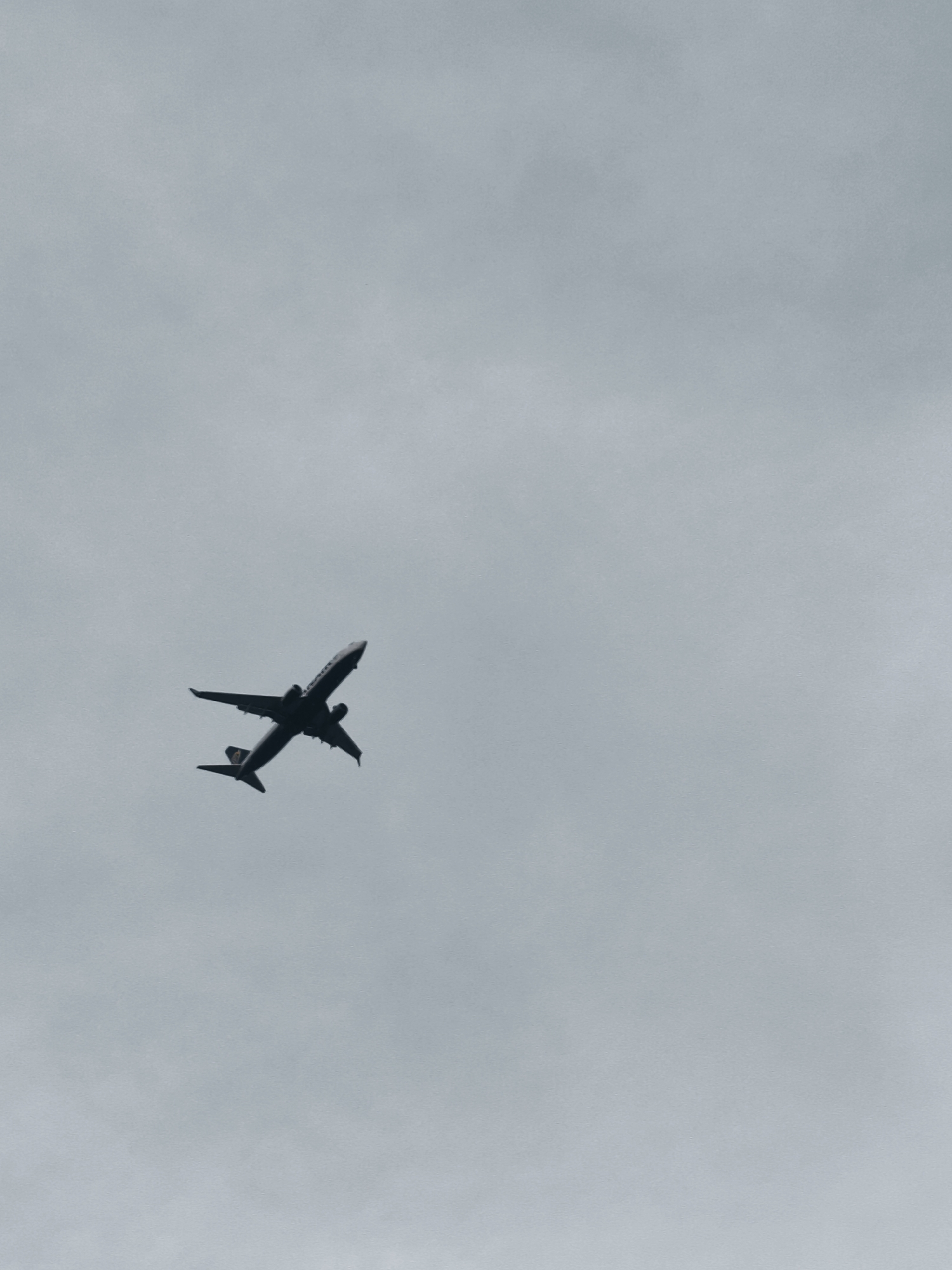 A single, dark silhouette of a passenger airplane is visible against a uniformly overcast, pale gray sky. The aircraft is angled slightly upward, its wings extended and engines visible beneath them. The plane is in motion, appearing to be in flight. There are no visible landmarks or contextual details in the image that would indicate its specific location within or around Nowy Dwór Mazowiecki, Poland, other than the sky itself.