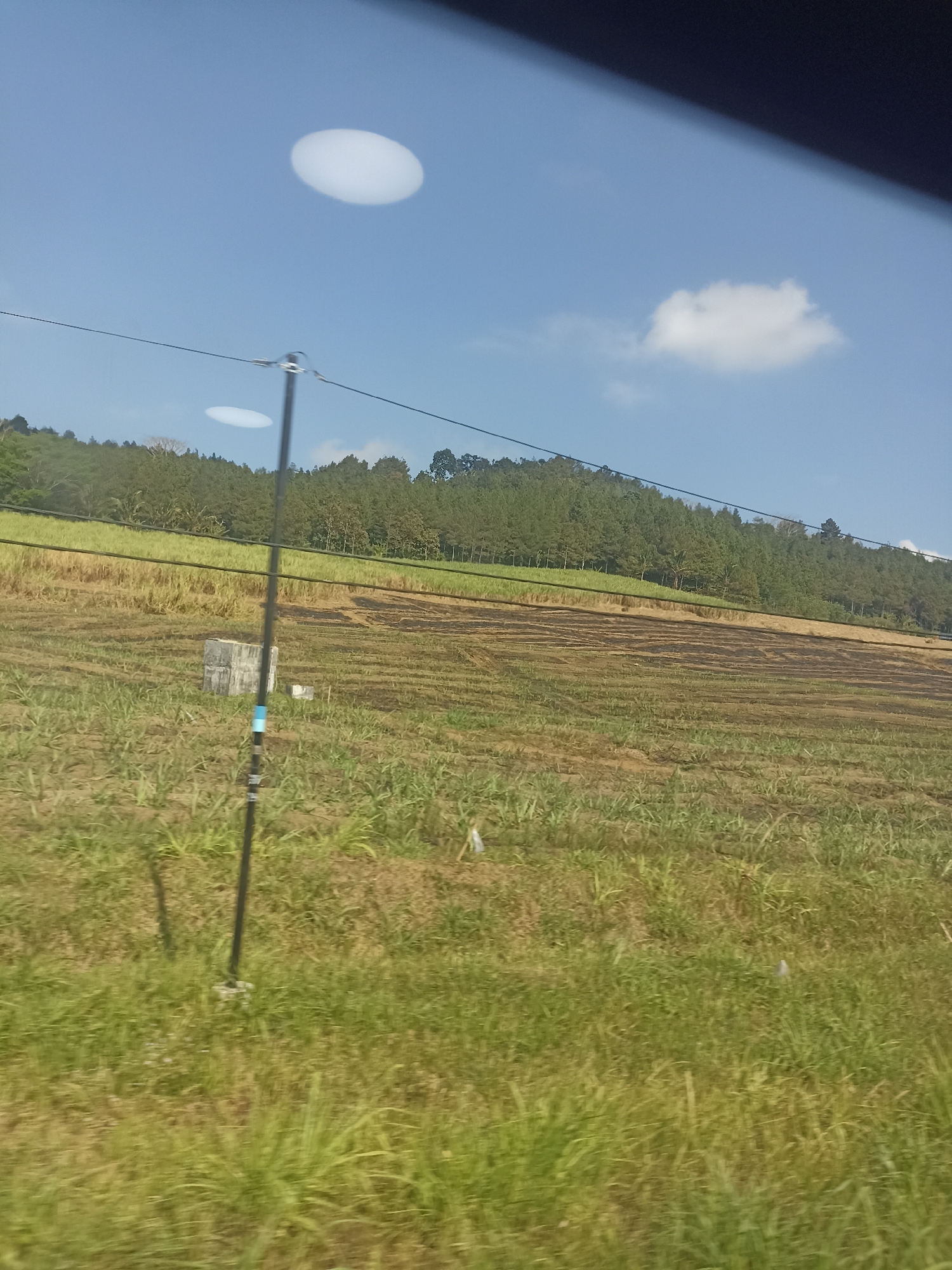 The image displays a rural landscape with a cultivated field under a clear blue sky with some wispy clouds. The foreground is dominated by green grass. A black pole with a blue marking stands vertically in the middle ground, with wires running horizontally across the image. Behind the pole, there is a rectangular concrete structure. The field beyond the grass features rows of what appears to be harvested or tilled land, with some patches of darker soil or vegetation. A dense line of green trees forms a backdrop across the horizon, with a lighter patch of trees visible on the far left. The upper part of the image shows a blurry dark area, possibly from the vehicle from which the photo was taken. There are two prominent oval-shaped light anomalies in the sky, one larger and higher than the other, which might be lens flares or reflections. The scene is likely located in the city of Garahan, Indonesia, given the context.