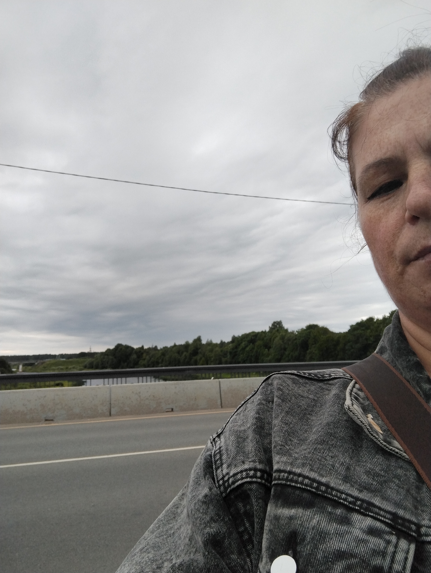 The image is a selfie taken outdoors in Kingisepp, Russia, on a cloudy day. The foreground is dominated by the right side of a woman's face and upper body, who is wearing a distressed denim jacket. Her hair is tied up, and stray strands are visible. She has freckles on her face and is looking towards the camera with a neutral expression. A dark brown strap, possibly from a bag, is visible across her shoulder and jacket.
The background depicts a road and a body of water, likely a river, bordered by a dense line of green trees. A bridge or elevated structure is visible in the distance over the water. A concrete barrier separates the road from the area where the photo is taken. A thin wire stretches horizontally across the upper part of the frame. The overall mood of the image is casual and the weather appears overcast. There is no visible text in the image.