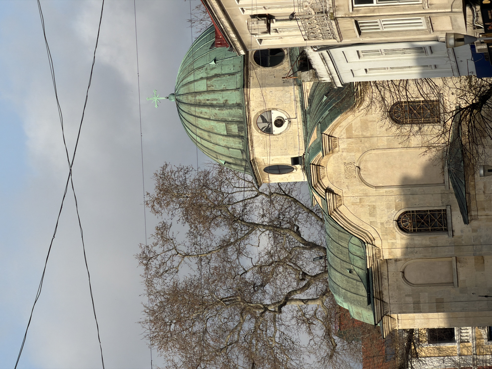 The image shows the dome and part of the facade of the Dormition of the Mother of God Cathedral in Varna, Bulgaria. The dome is green with a cross on top. A large bare tree is in front of the building. Overhead power lines are visible in the top left corner. Adjacent buildings are also visible to the right. The sky is overcast.
