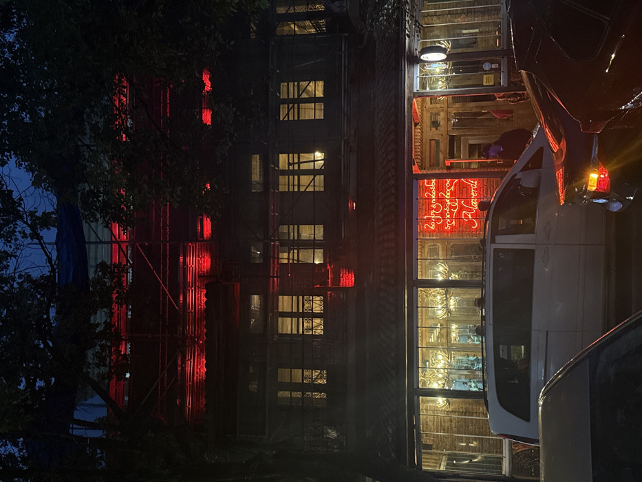 The image displays a nighttime street scene in Batumi, Georgia, centered on a multi-story building. The ground floor features a commercial establishment identified by a red neon sign displaying "Alaverdi" in both Latin and Georgian script. This level presents large, illuminated glass windows revealing an interior with multiple ornate antler-style chandeliers and several indistinct human figures. A dark, tiled roof overhang separates the ground floor from the two visible upper stories. These upper floors contain multiple windows, each exhibiting internal illumination. The building's uppermost section is partially obscured by scaffolding, covered with a blue tarp, and accentuated by horizontal red LED strip lighting. Dark tree foliage partially frames the structure against a deep blue night sky. In the foreground, three vehicles are parked: a white Mercedes-Benz van positioned directly in front of the Alaverdi entrance, the rear section of a dark vehicle with an illuminated taillight to its right, and the front portion of a lighter-colored vehicle to its left. A single individual, dressed in dark attire, is partially visible near the main entrance of the Alaverdi establishment, situated between the white van and the dark vehicle.